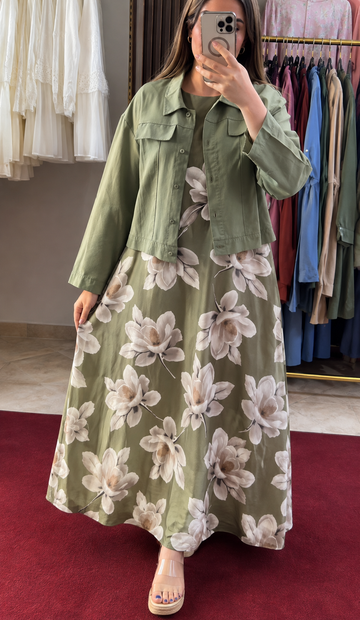 Pista Green Floral Maxi Dress with Cropped Jacket