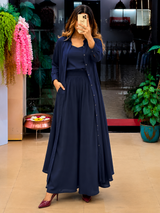 Navy Blue Women's 3-Piece Co-Ord Set with Long Shrug
