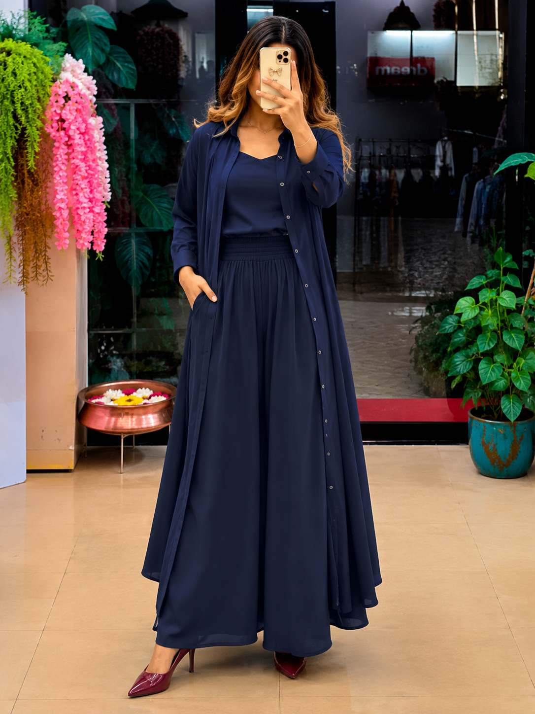 Navy Blue Women's 3-Piece Co-Ord Set with Long Shrug