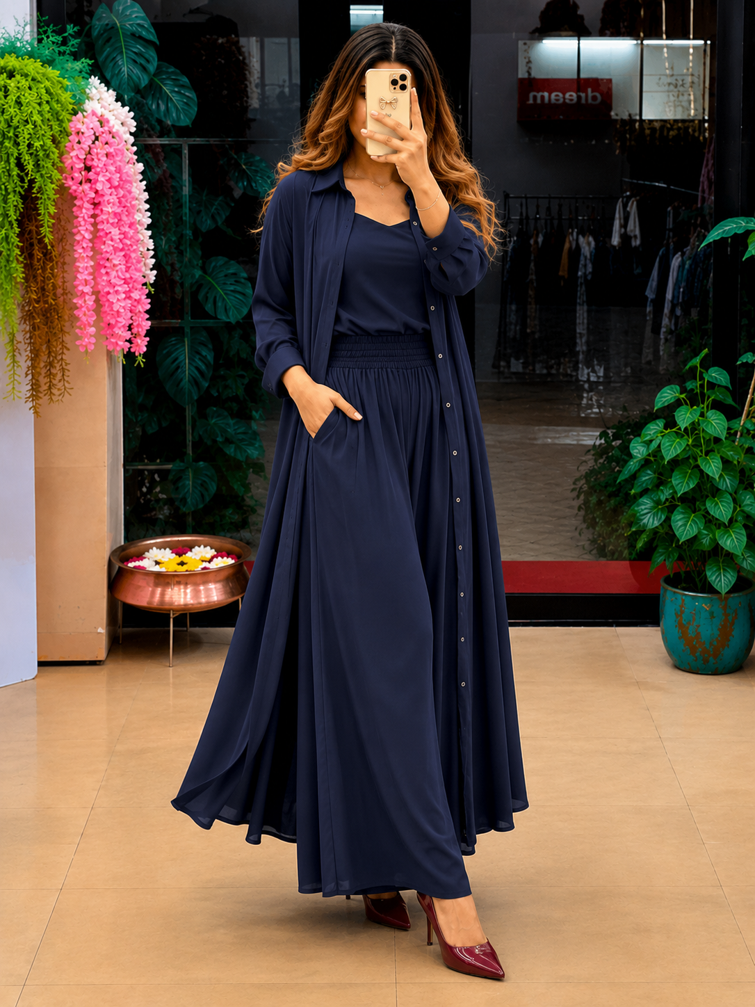 Navy Blue Women's 3-Piece Co-Ord Set with Long Shrug