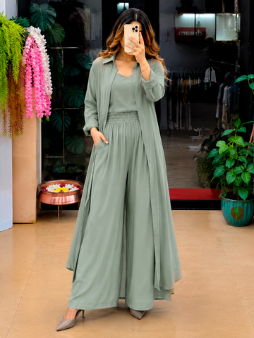 Sage Green Women's 3-Piece Co-Ord Set with Long Shrug