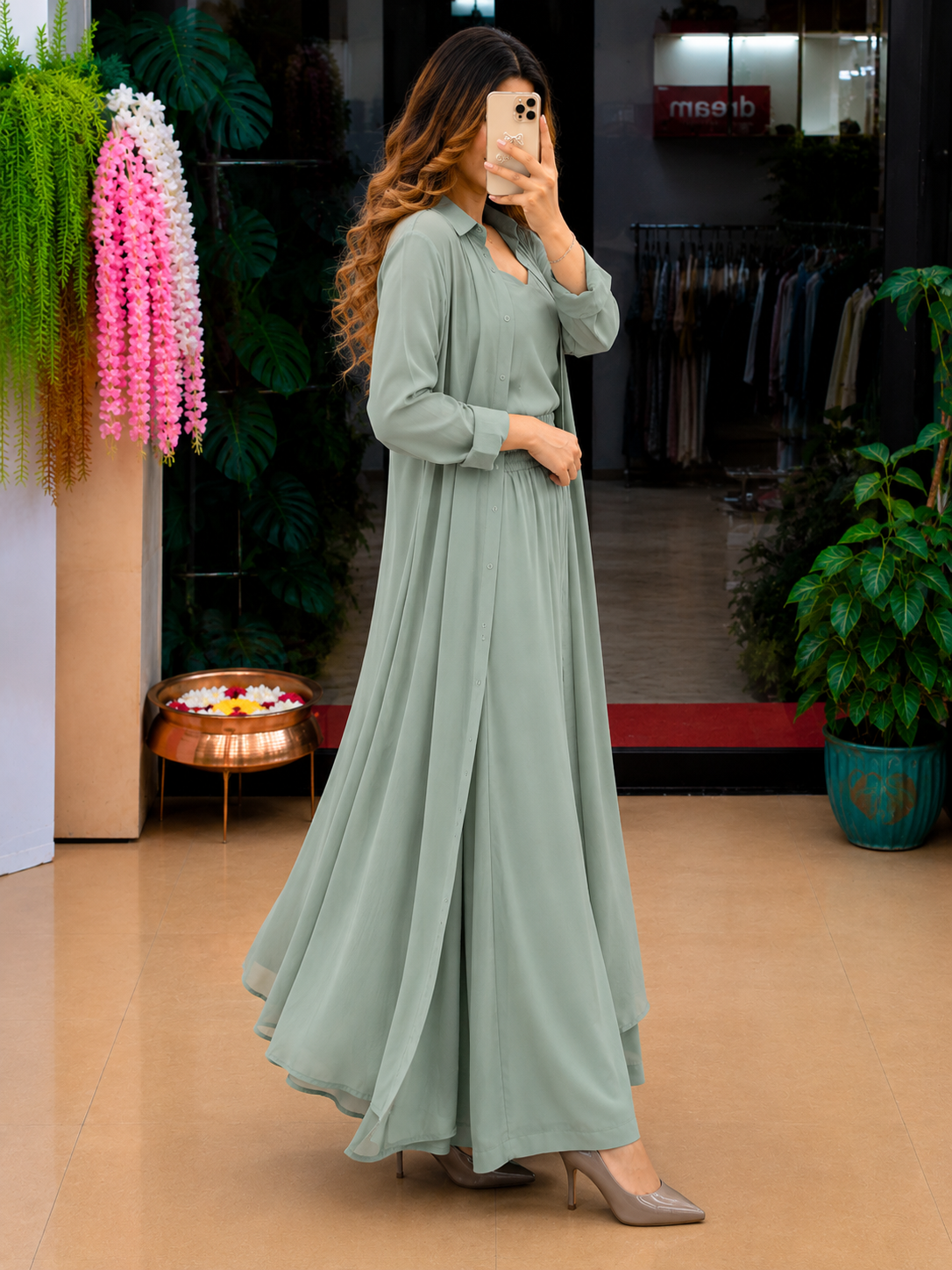 Sage Green Women's 3-Piece Co-Ord Set with Long Shrug