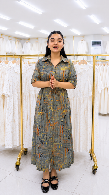 Grey Printed Rayon Maxi Dress