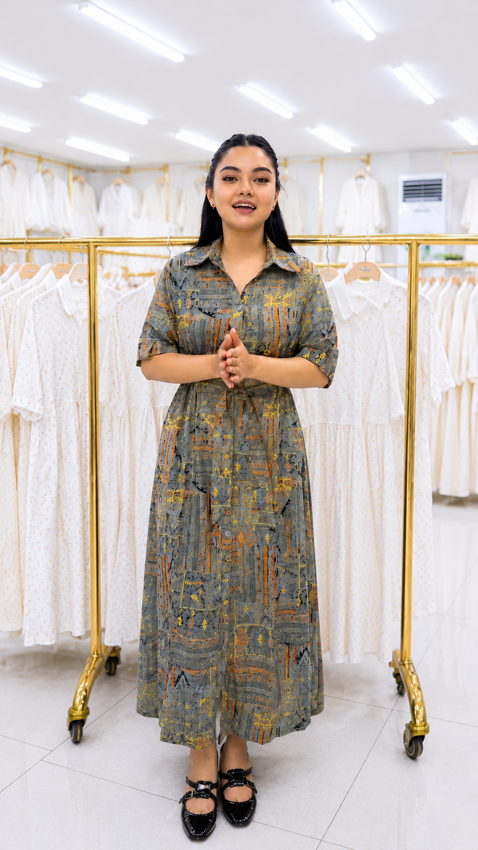 Grey Printed Rayon Maxi Dress