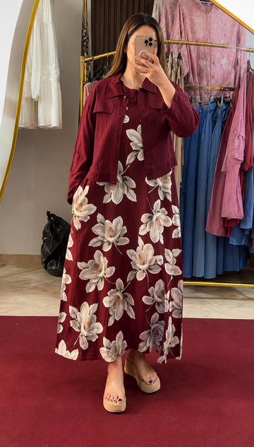 Maroon Floral Maxi Dress with Cropped Jacket