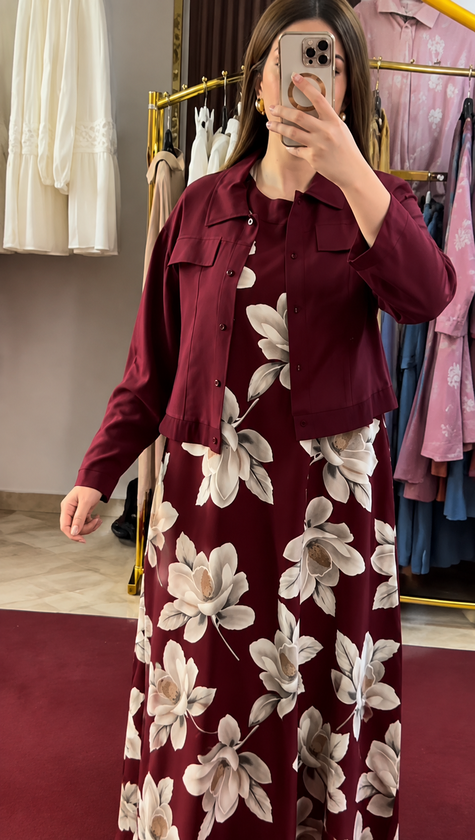 Maroon Floral Maxi Dress with Cropped Jacket