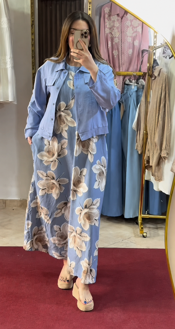 Sky Blue Floral Maxi Dress with Cropped Jacket