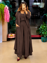 Brown Women's 3-Piece Co-Ord Set with Long Shrug