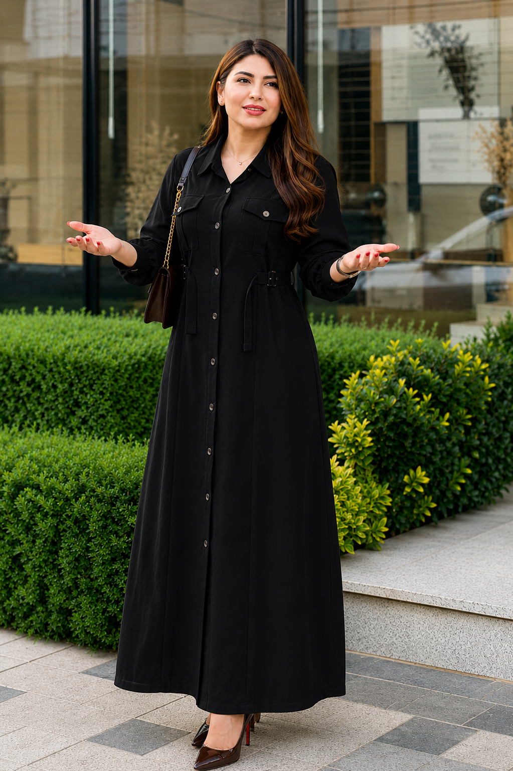 Black Women's Maxi Style Dress with Waist Belt