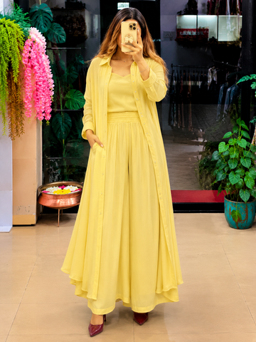 Yellow Women's 3-Piece Co-Ord Set with Long Shrug