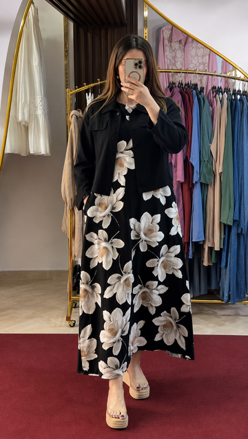 Black Floral Maxi Dress with Cropped Jacket