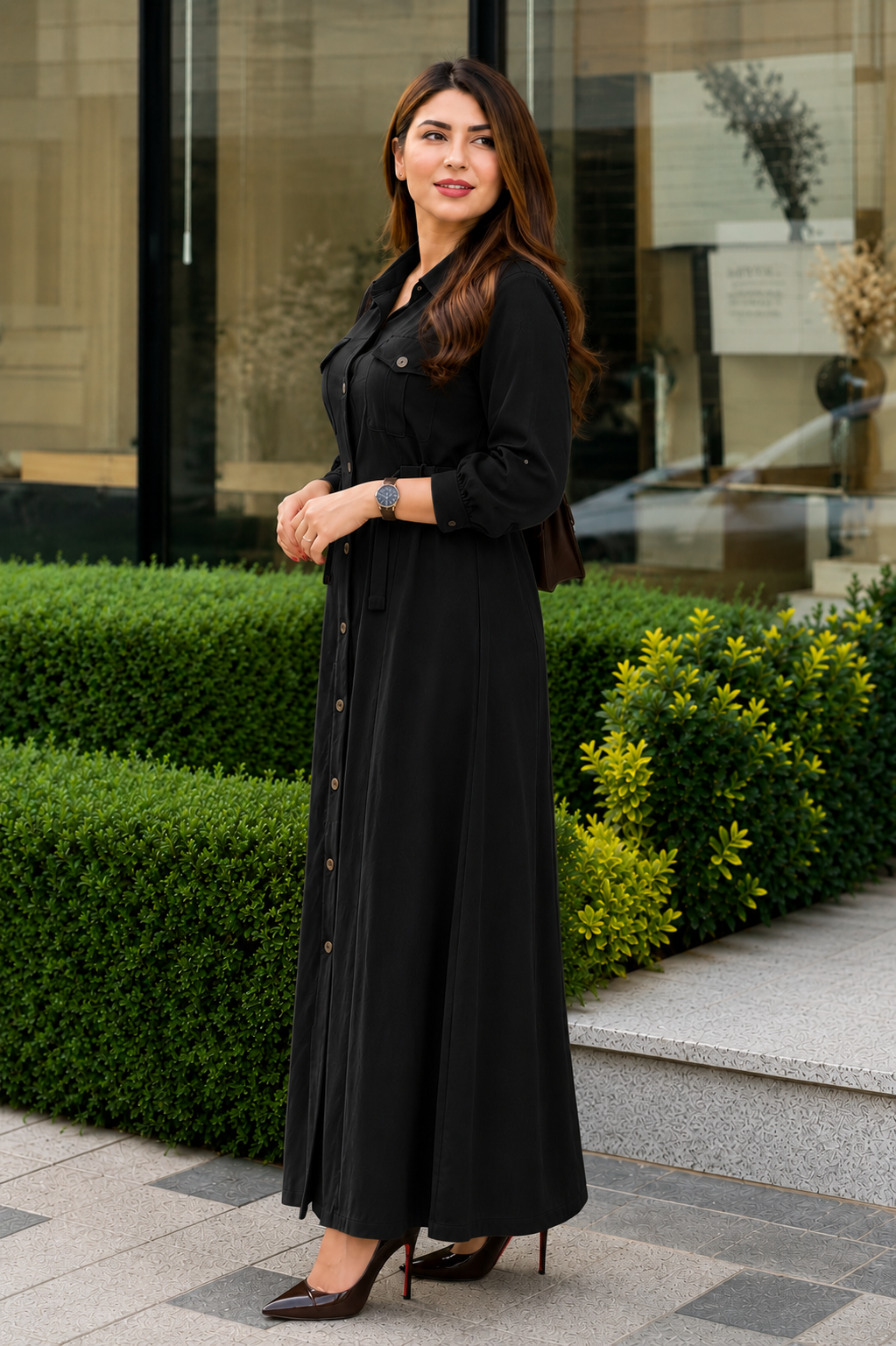 Black Women's Maxi Style Dress with Waist Belt