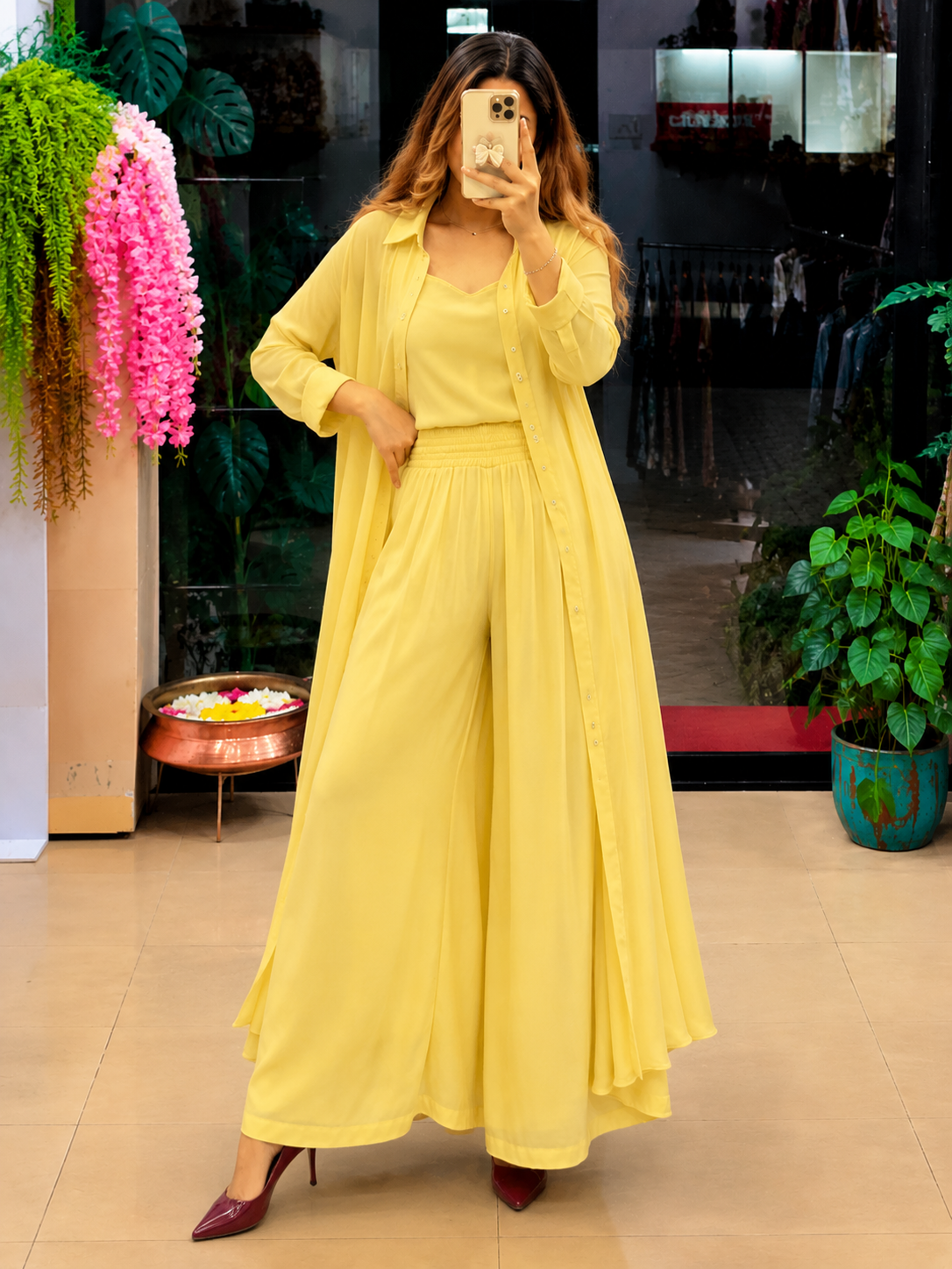 Yellow Women's 3-Piece Co-Ord Set with Long Shrug