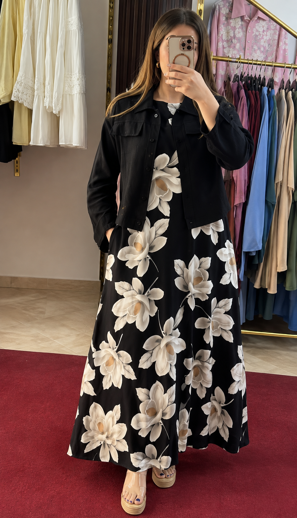 Black Floral Maxi Dress with Cropped Jacket