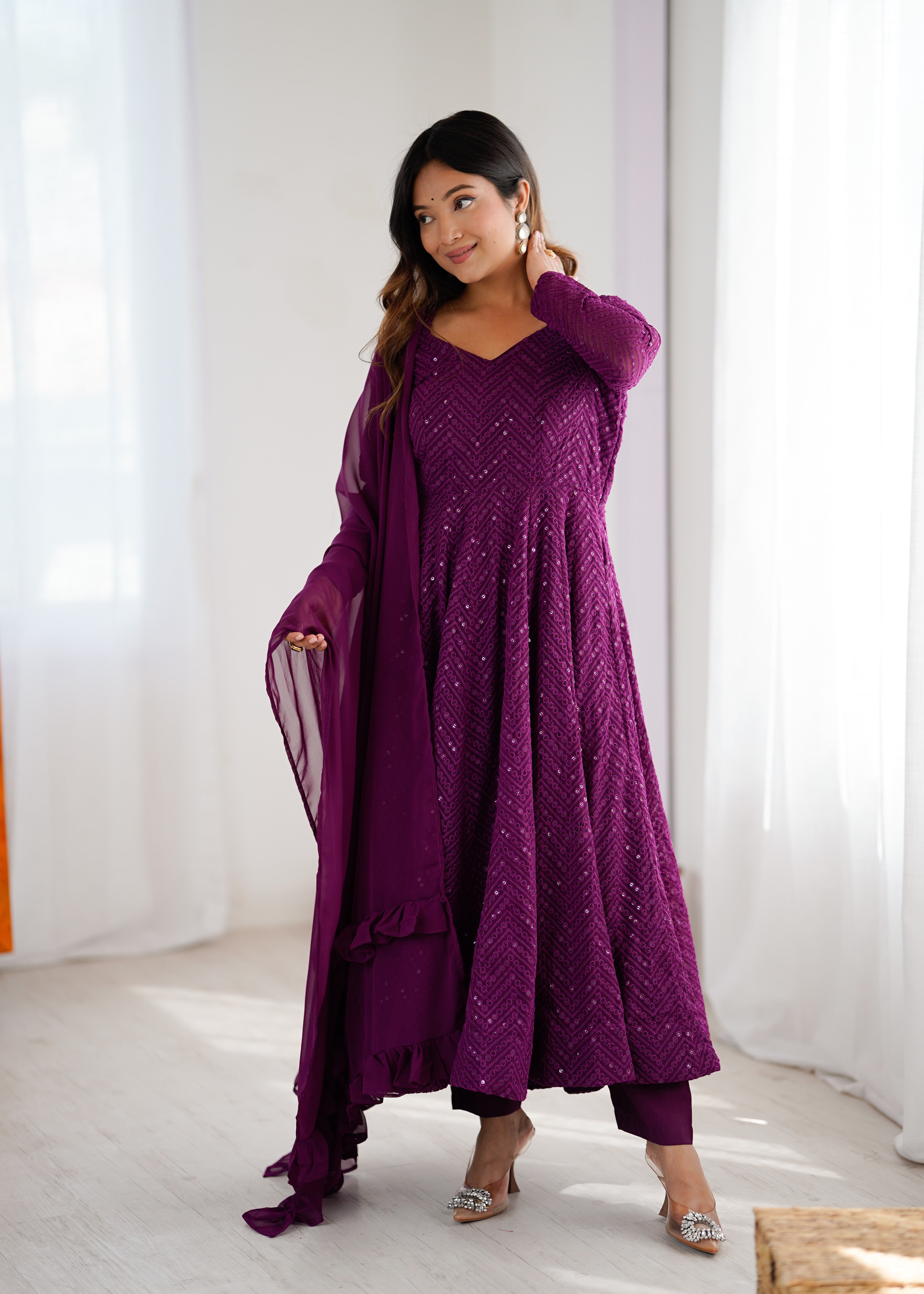 Wine New Partywear Designer Premium Fox Georgette with Lucknowi Sequence Work Anarkali Set