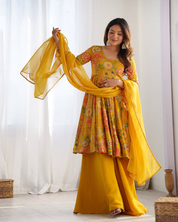Yellow Designer Roman Silk Chanderi Kediya Kurta Set – 4 Mtr Flair with Organza Dupatta & Palazzo