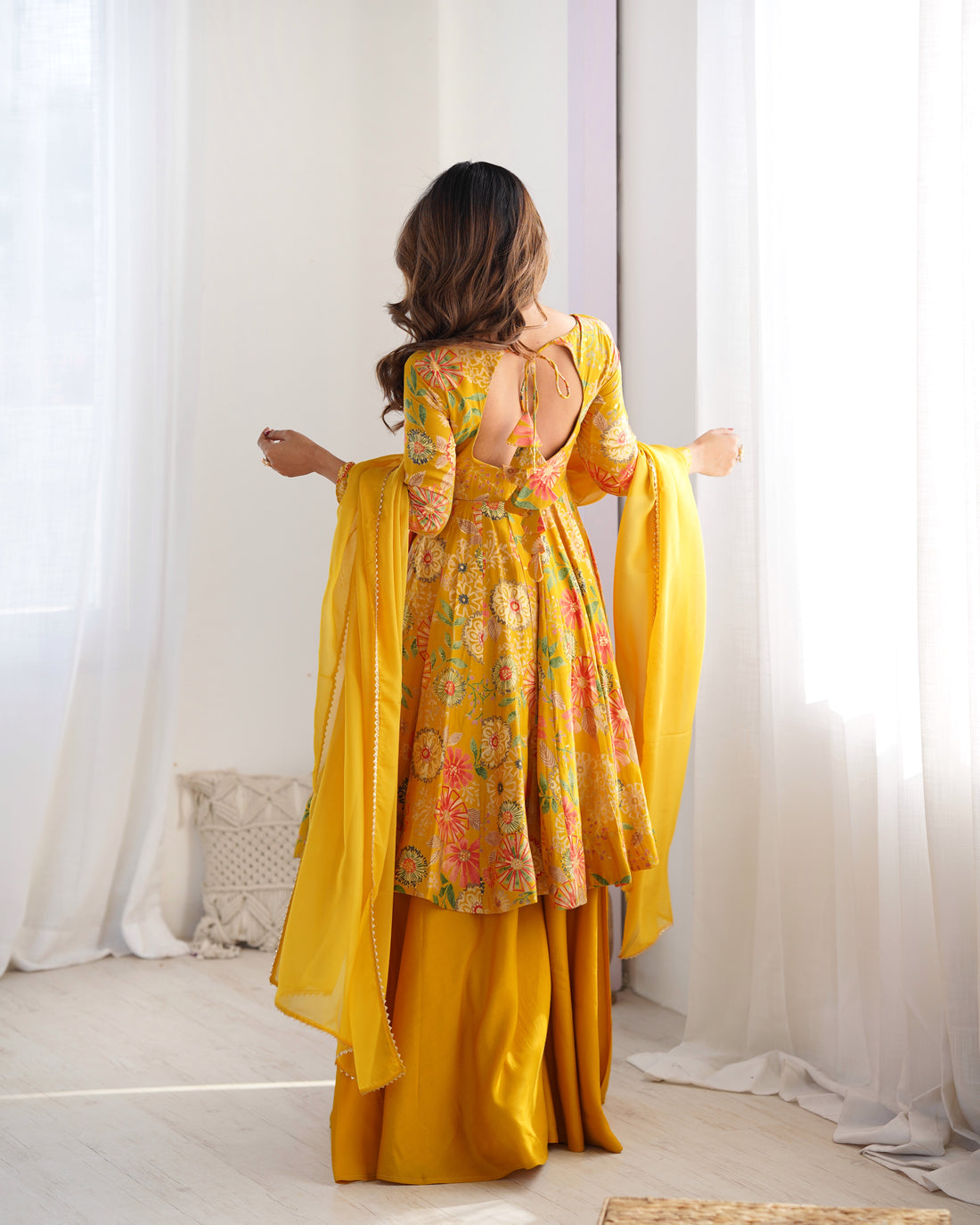 Yellow Designer Roman Silk Chanderi Kediya Kurta Set – 4 Mtr Flair with Organza Dupatta & Palazzo
