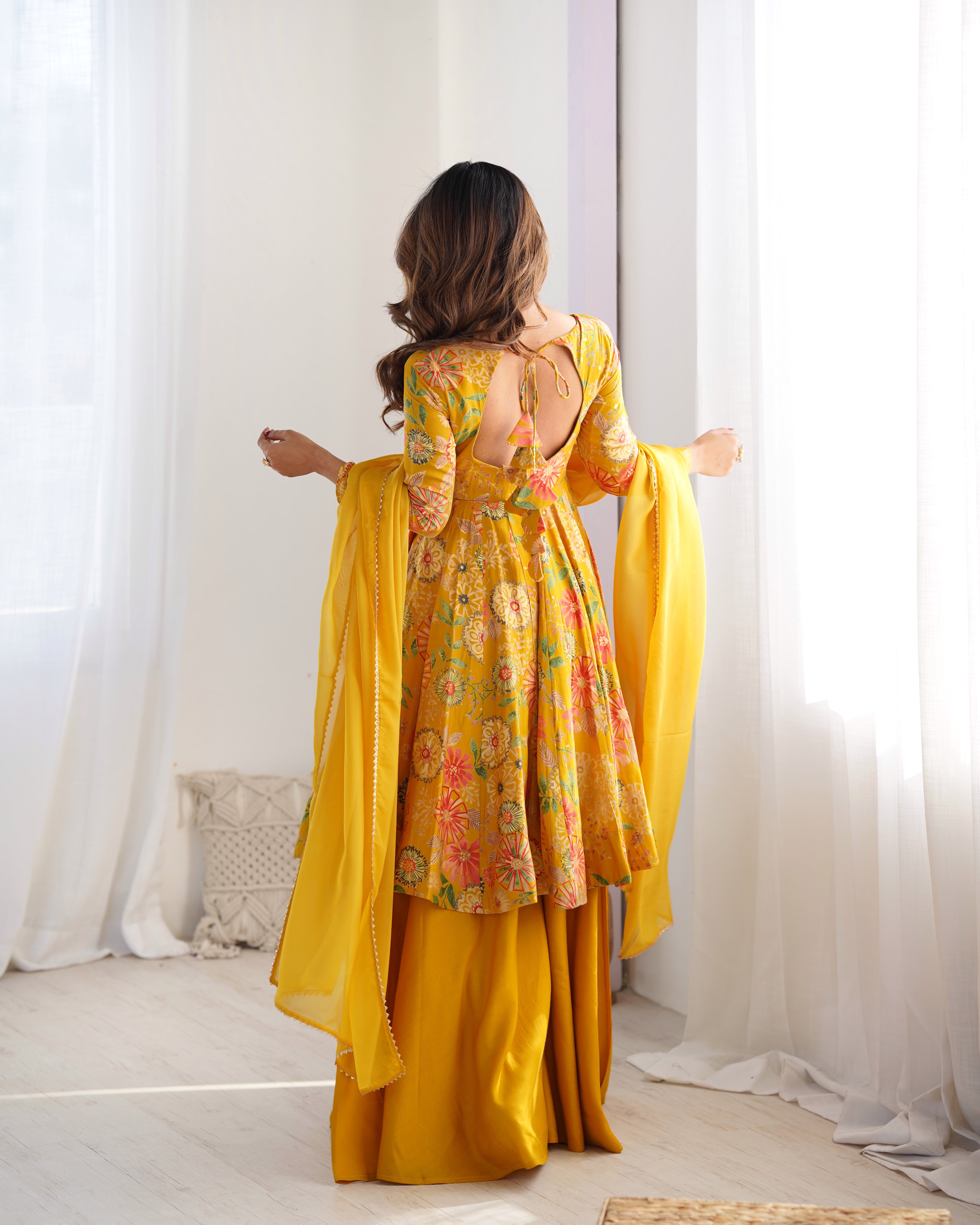 Yellow Designer Roman Silk Chanderi Kediya Kurta Set – 4 Mtr Flair with Organza Dupatta & Palazzo