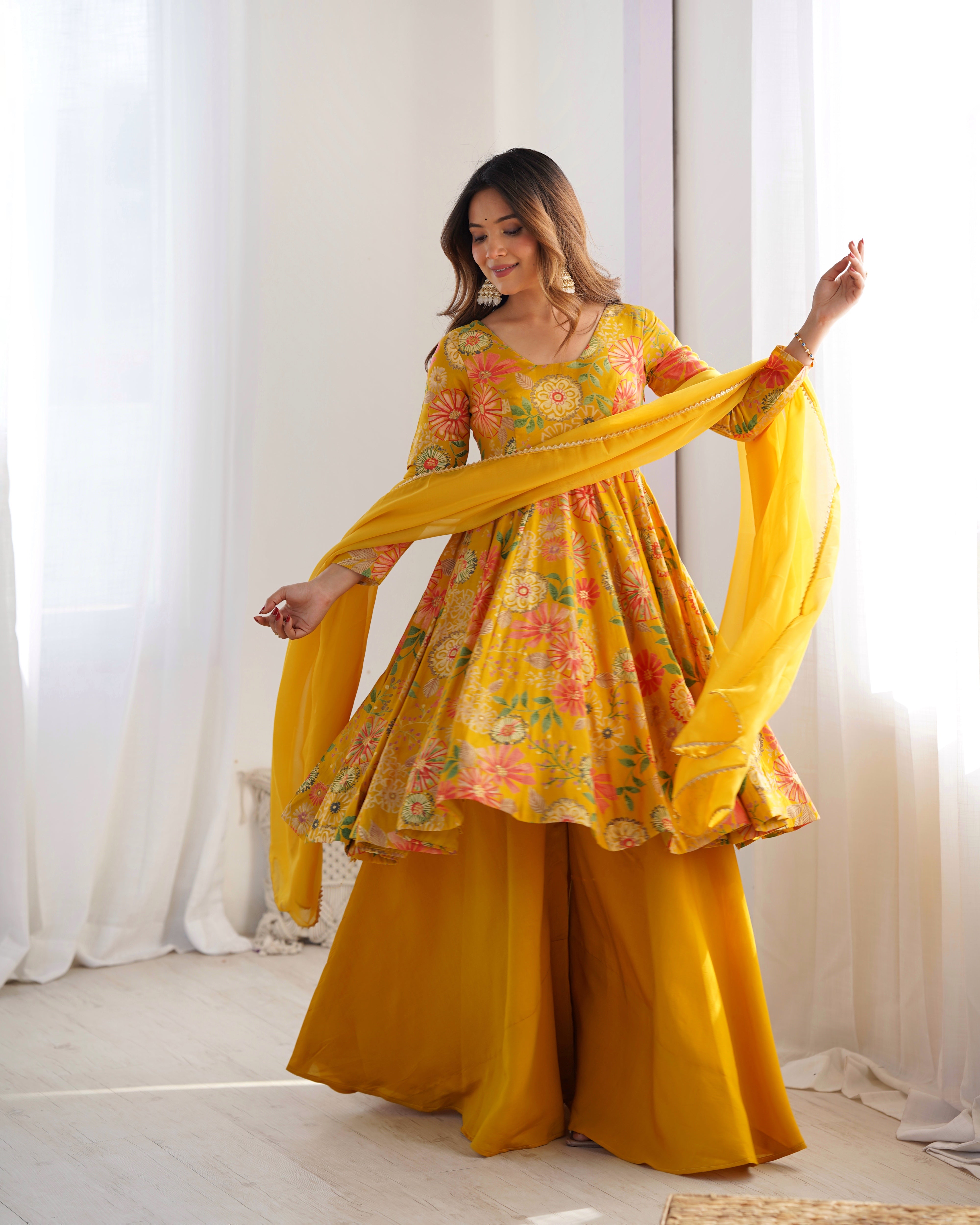 Yellow Designer Roman Silk Chanderi Kediya Kurta Set – 4 Mtr Flair with Organza Dupatta & Palazzo