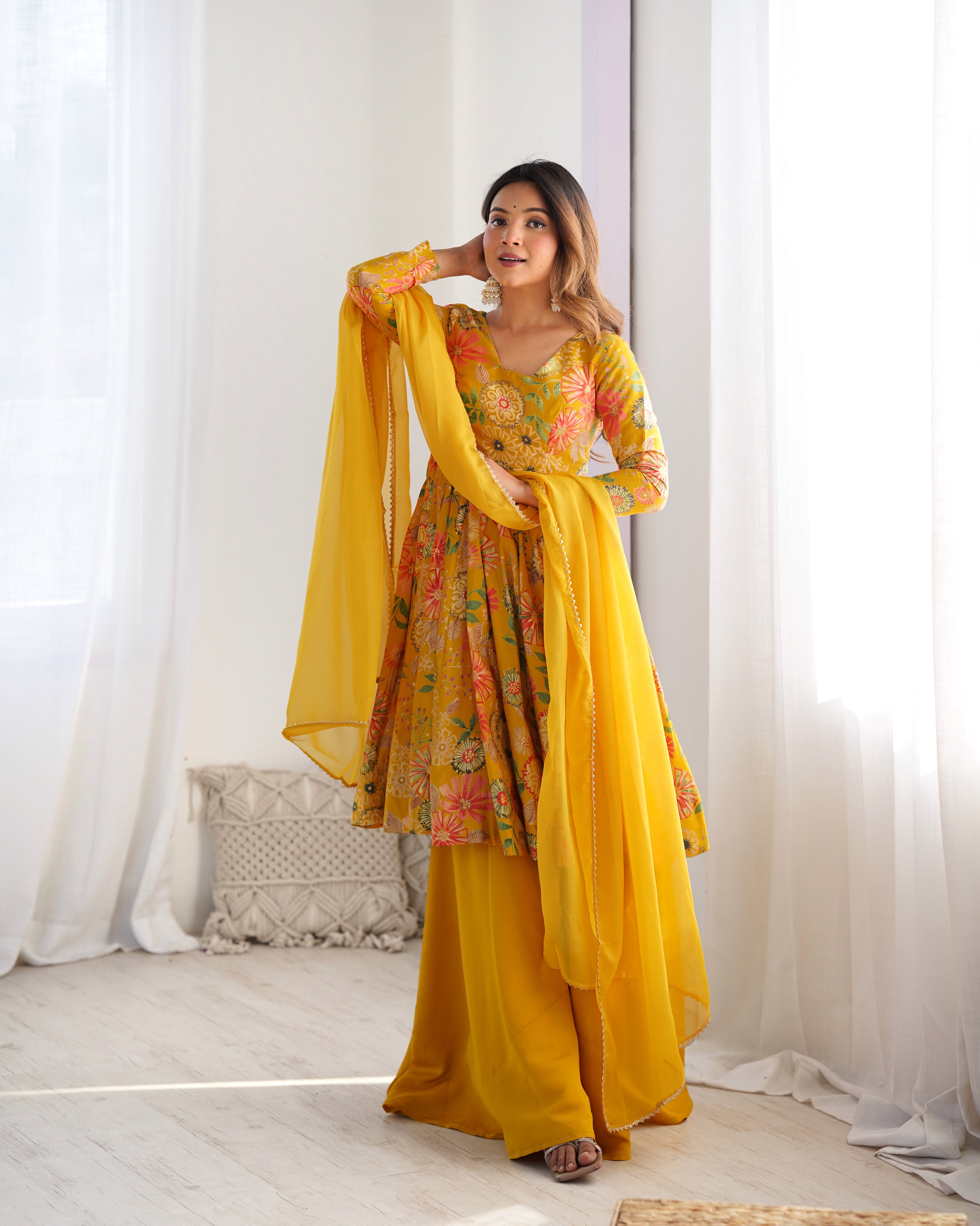 Yellow Designer Roman Silk Chanderi Kediya Kurta Set – 4 Mtr Flair with Organza Dupatta & Palazzo