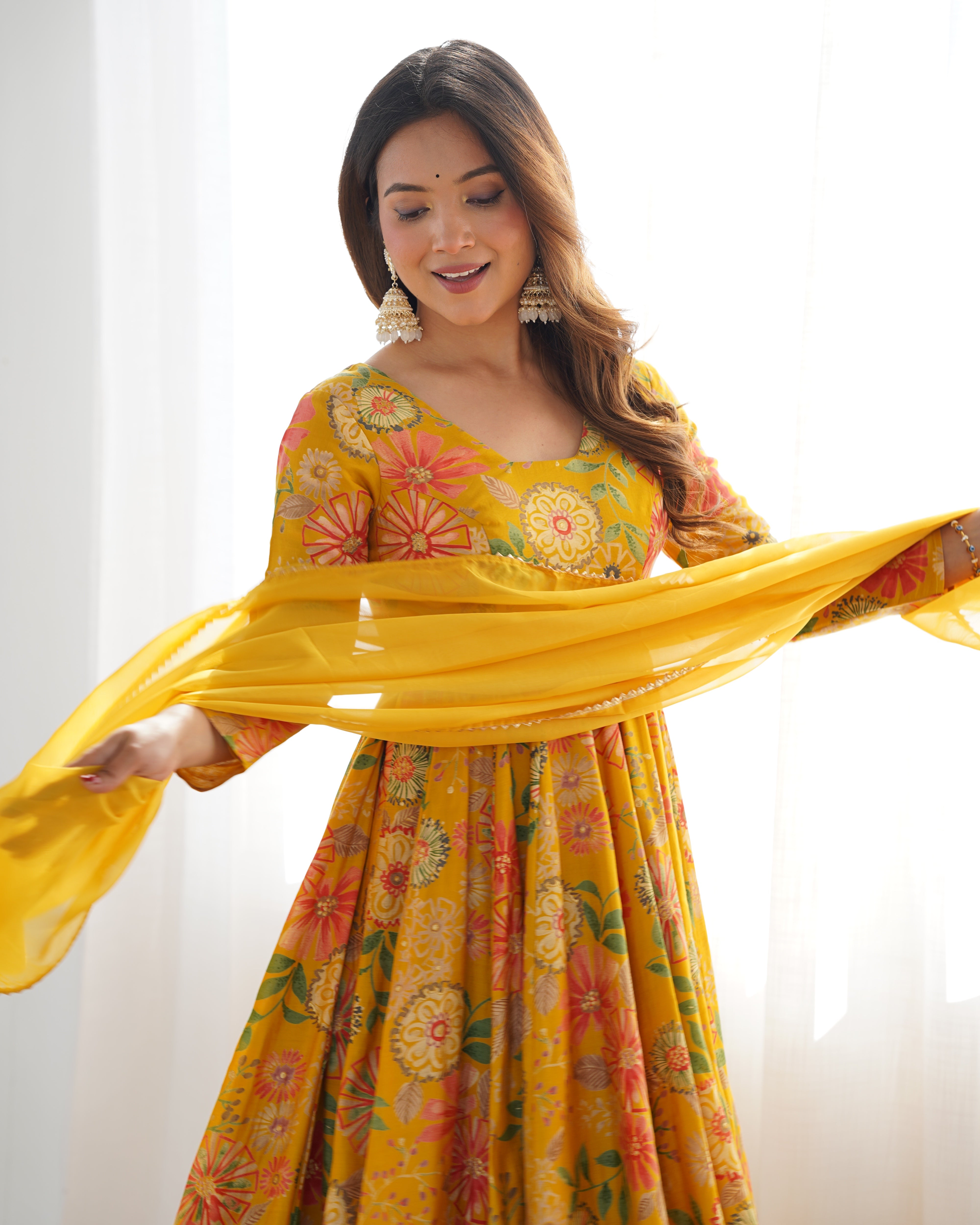 Yellow Designer Roman Silk Chanderi Kediya Kurta Set – 4 Mtr Flair with Organza Dupatta & Palazzo