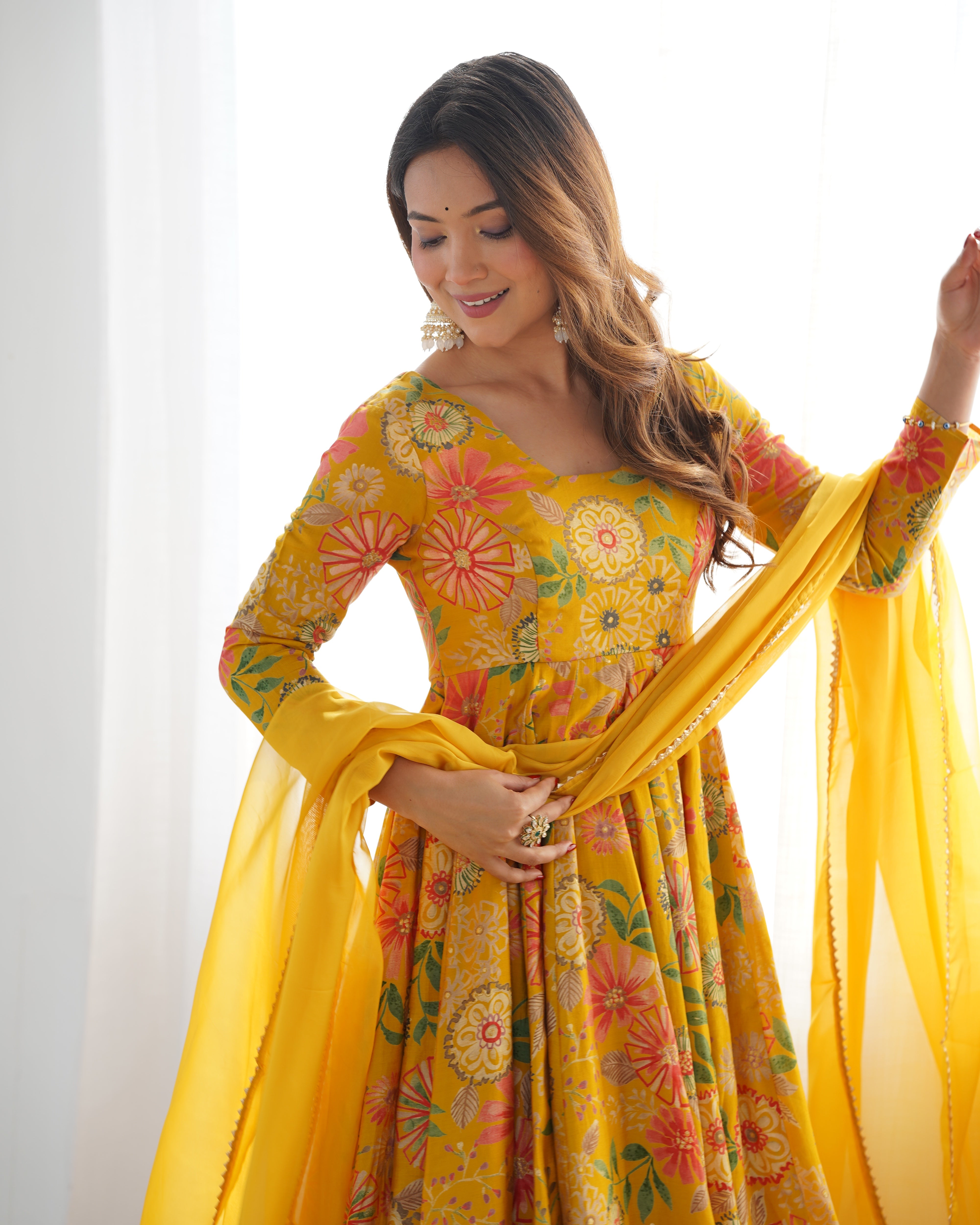 Yellow Designer Roman Silk Chanderi Kediya Kurta Set – 4 Mtr Flair with Organza Dupatta & Palazzo