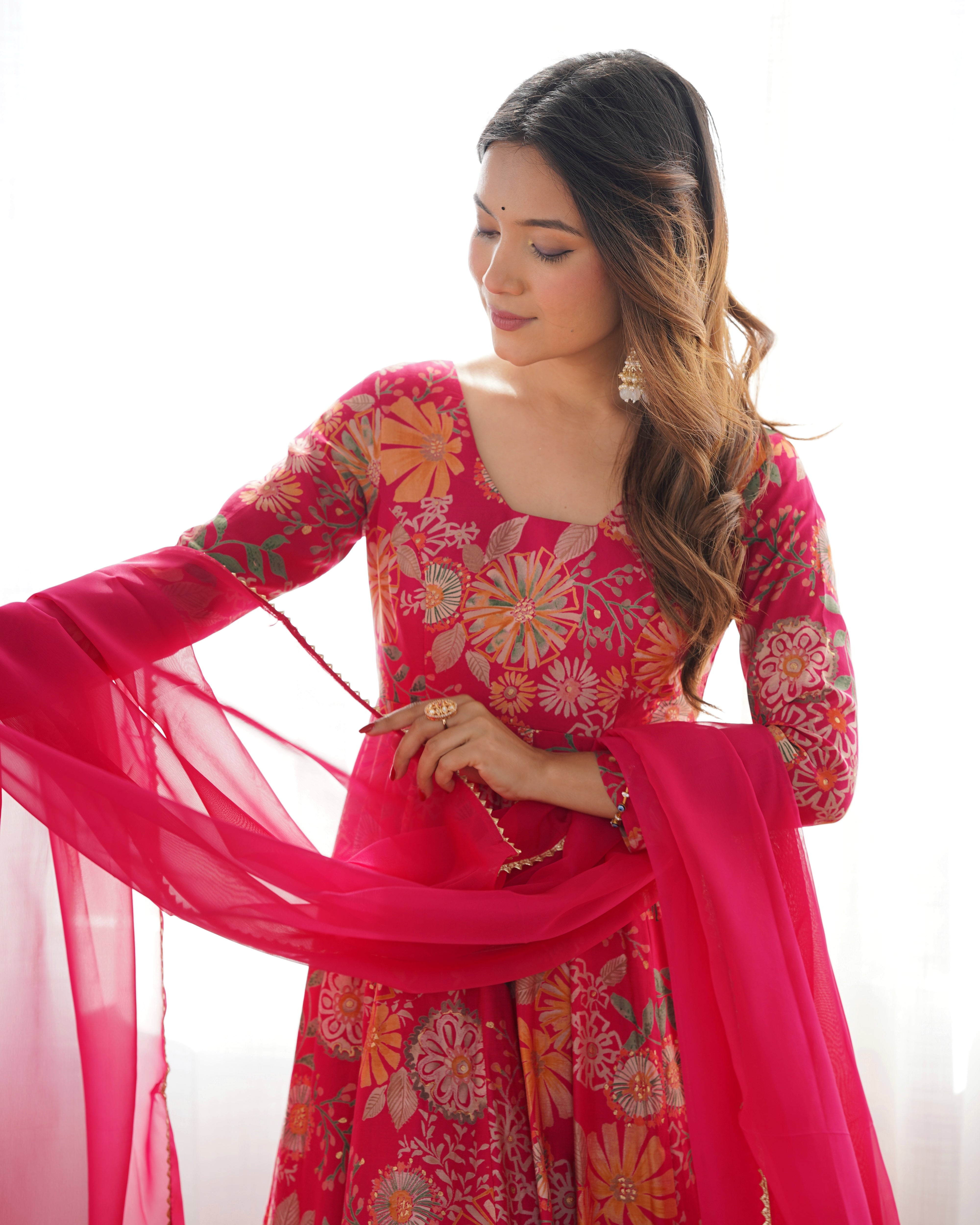 Pink Designer Roman Silk Chanderi Kediya Kurta Set – 4 Mtr Flair with Organza Dupatta & Palazzo