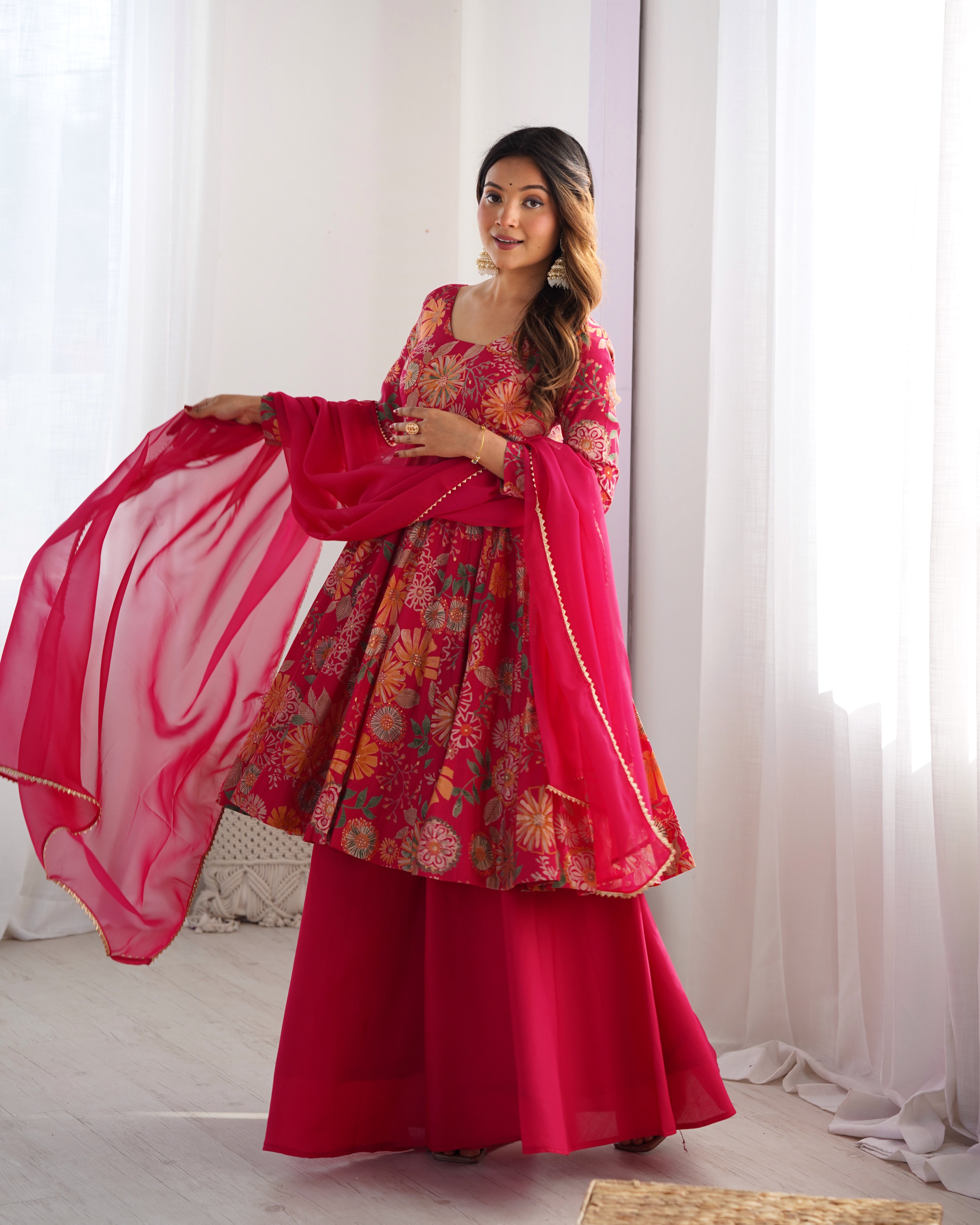 Pink Designer Roman Silk Chanderi Kediya Kurta Set – 4 Mtr Flair with Organza Dupatta & Palazzo