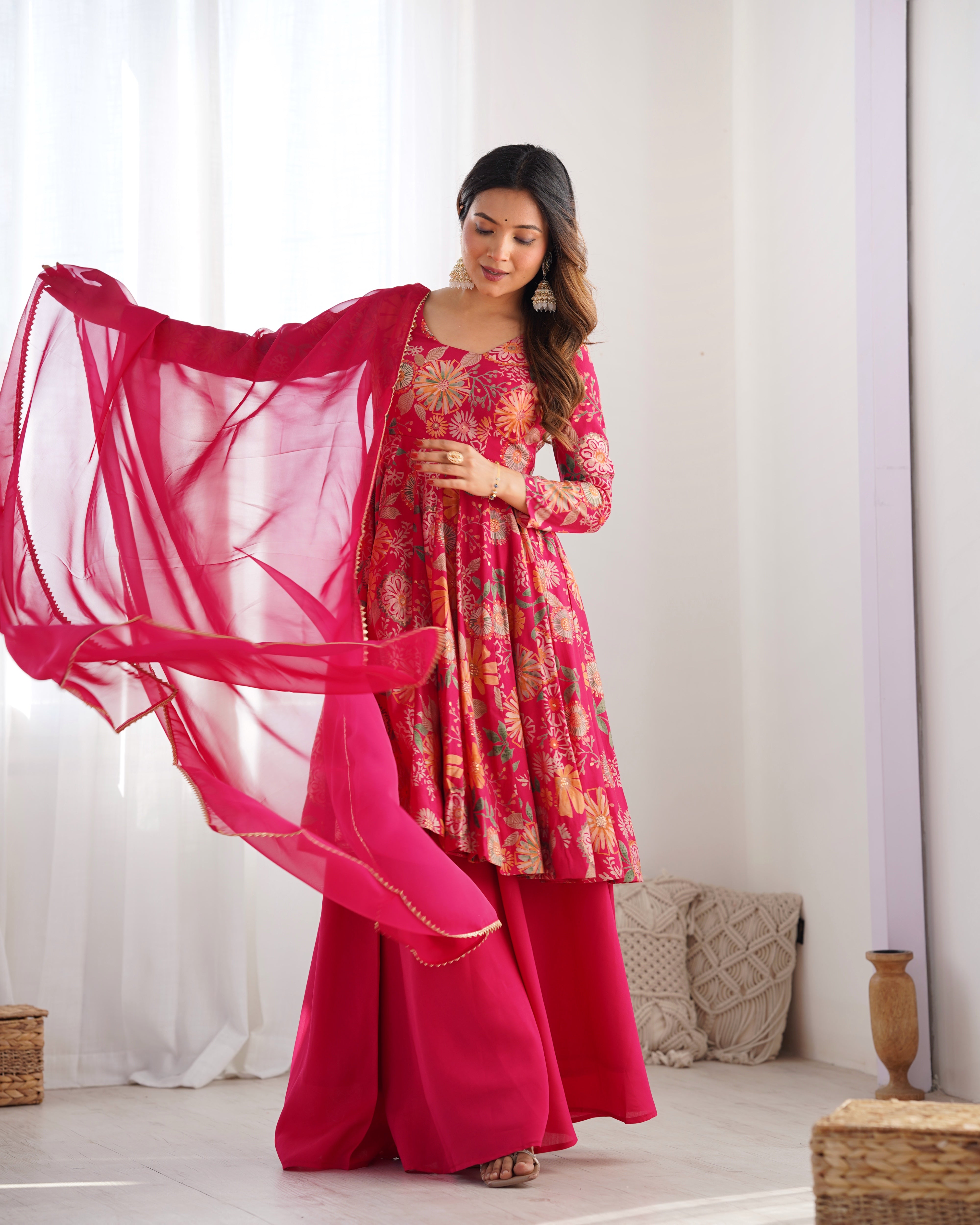 Pink Designer Roman Silk Chanderi Kediya Kurta Set – 4 Mtr Flair with Organza Dupatta & Palazzo