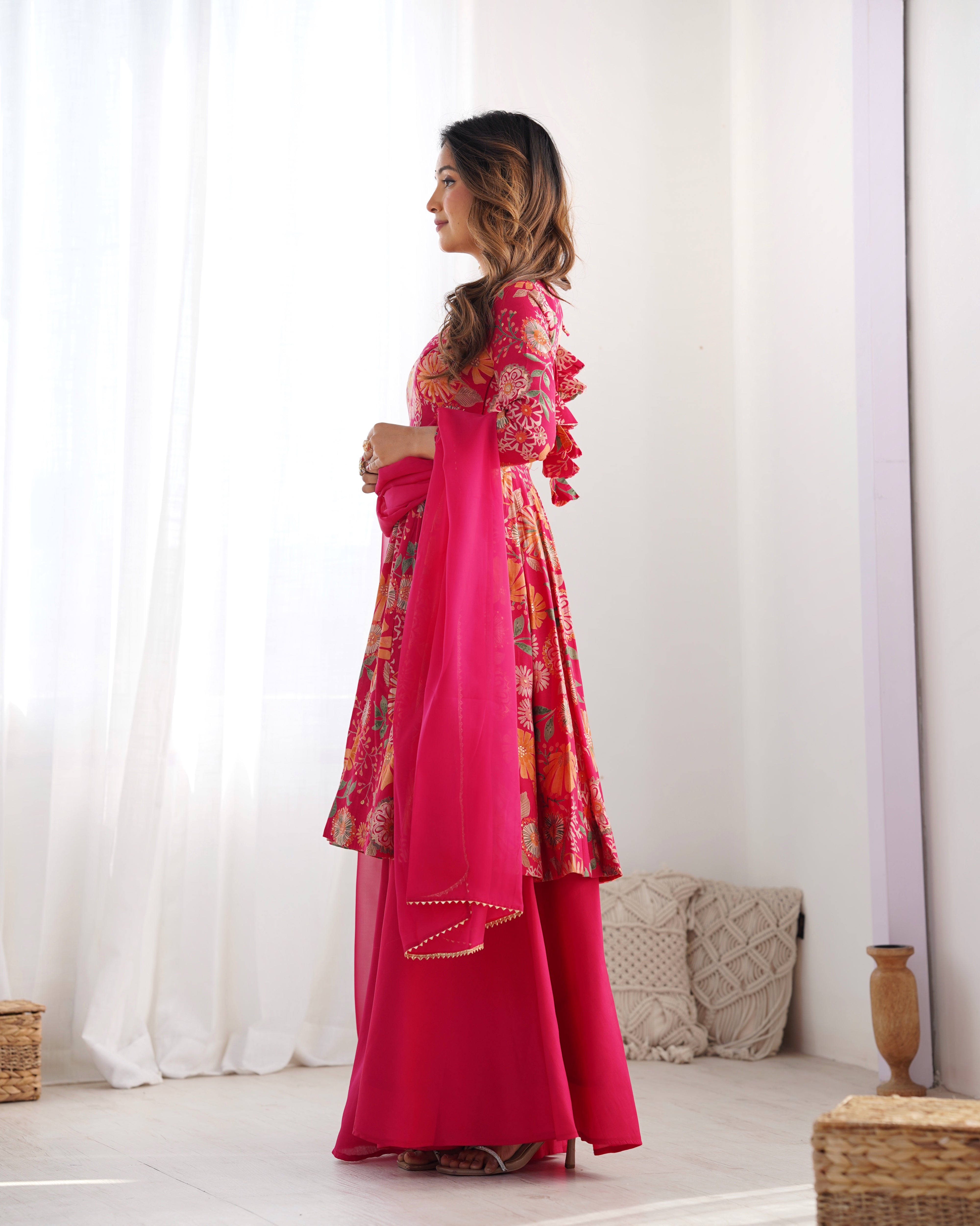 Pink Designer Roman Silk Chanderi Kediya Kurta Set – 4 Mtr Flair with Organza Dupatta & Palazzo