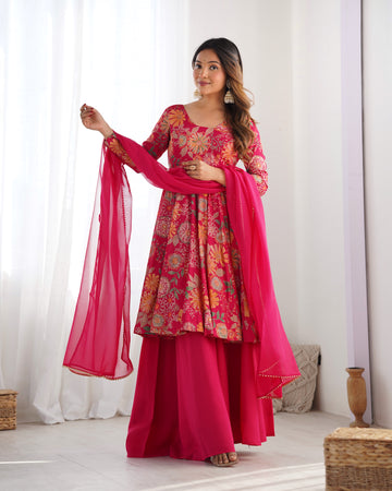 Pink Designer Roman Silk Chanderi Kediya Kurta Set – 4 Mtr Flair with Organza Dupatta & Palazzo