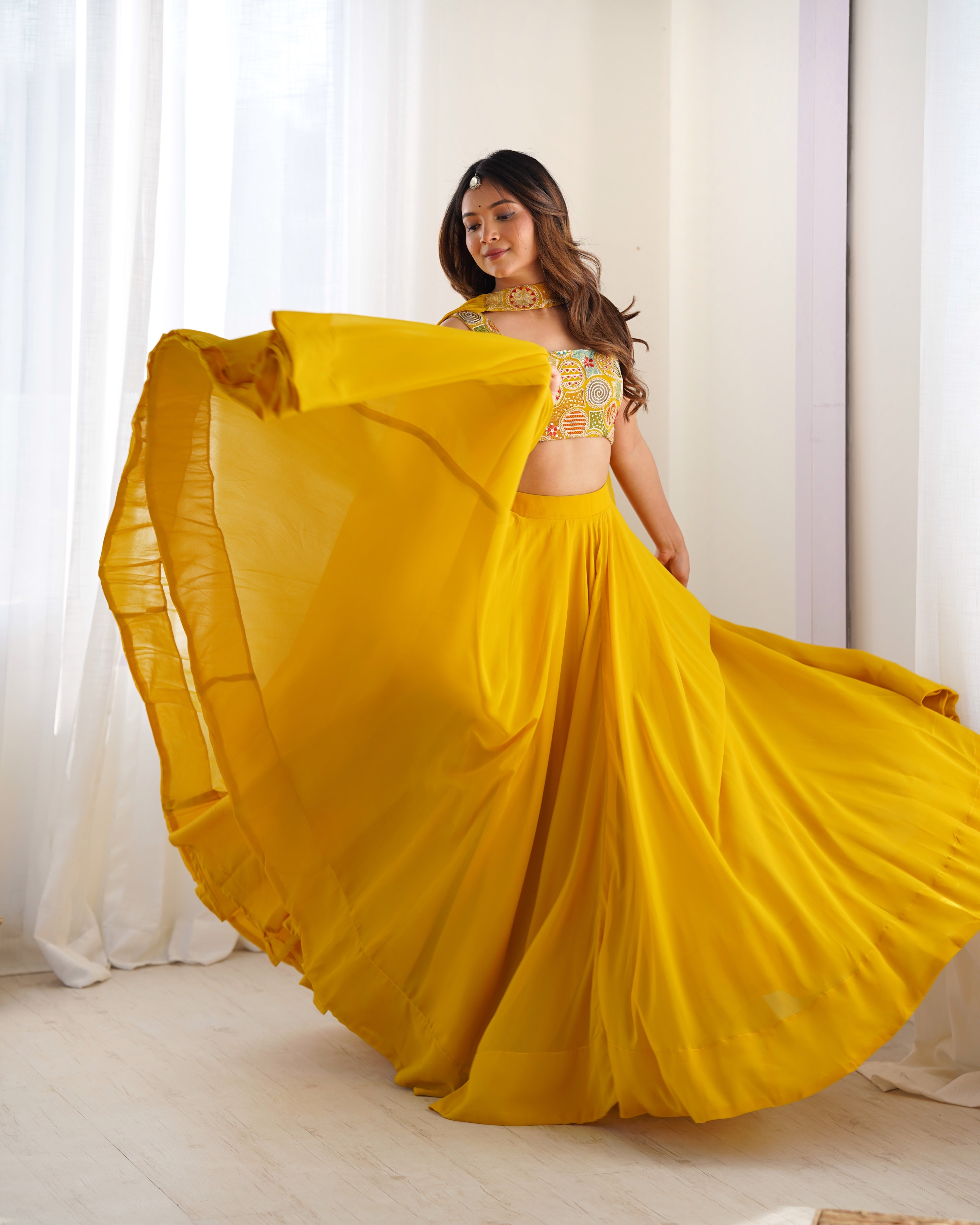 Yellow Designer Fox Georgette Lehenga Set – 8 Mtr Flair with Embroidered Blouse & Neck Belt Dupatta