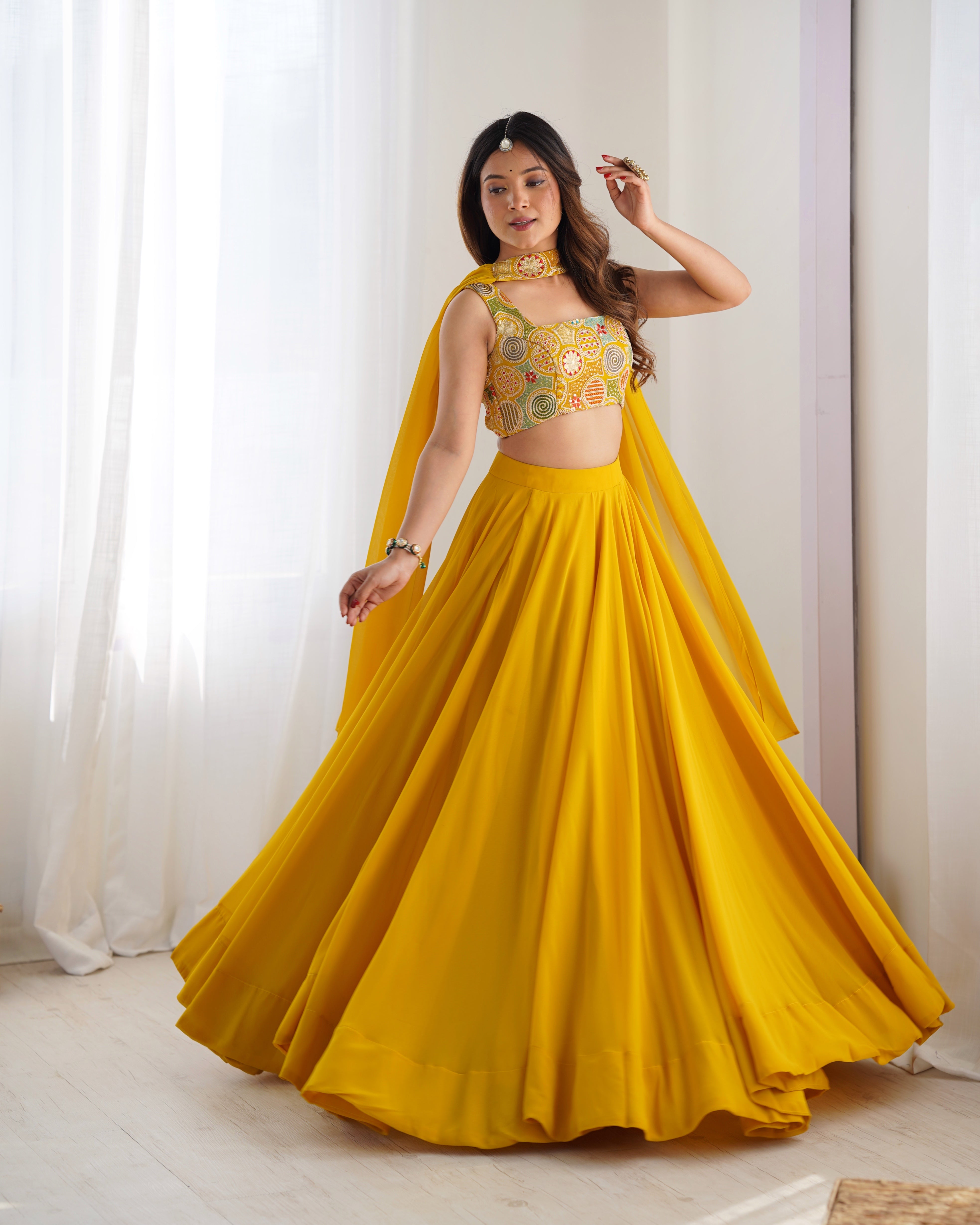 Yellow Designer Fox Georgette Lehenga Set – 8 Mtr Flair with Embroidered Blouse & Neck Belt Dupatta