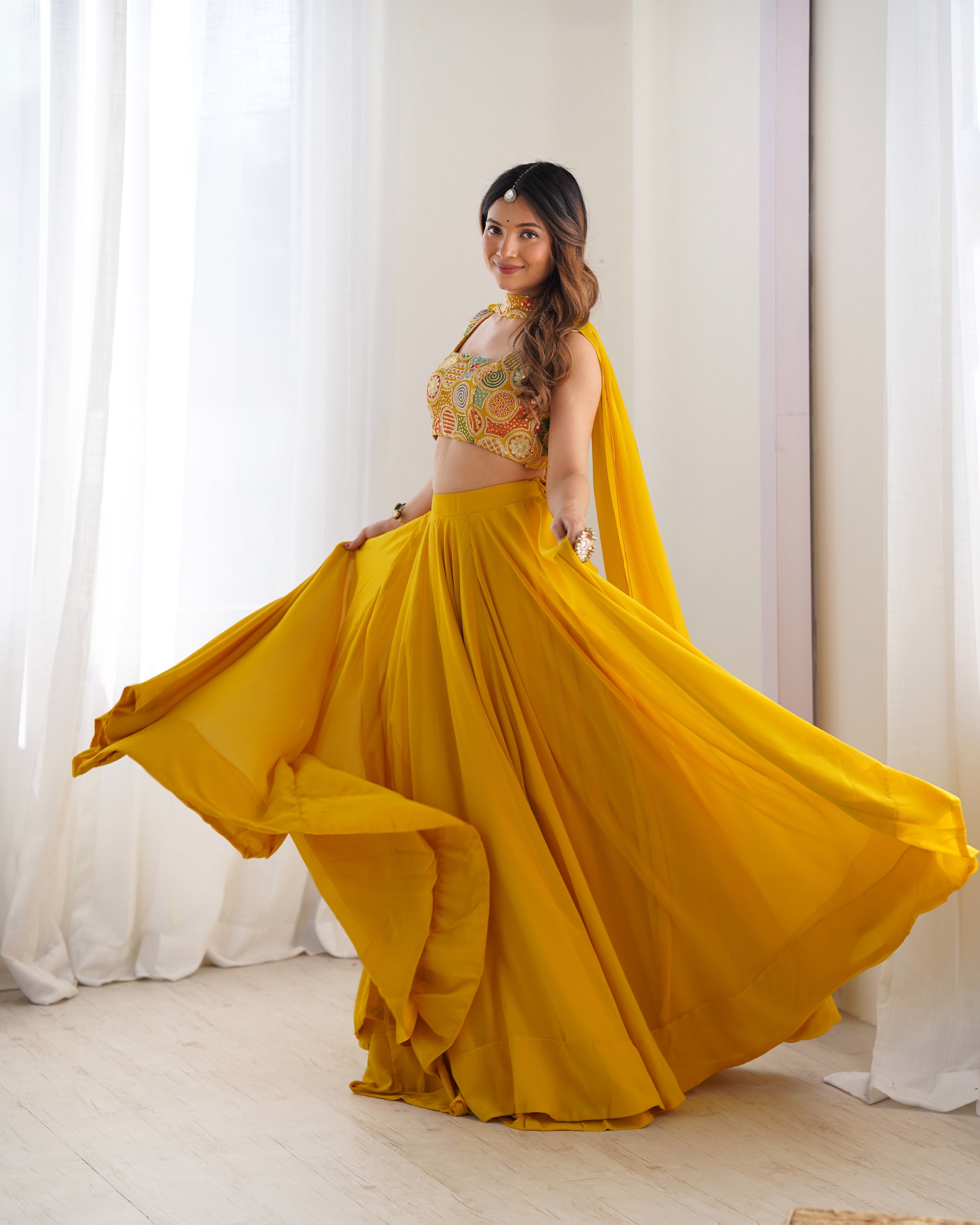 Yellow Designer Fox Georgette Lehenga Set – 8 Mtr Flair with Embroidered Blouse & Neck Belt Dupatta