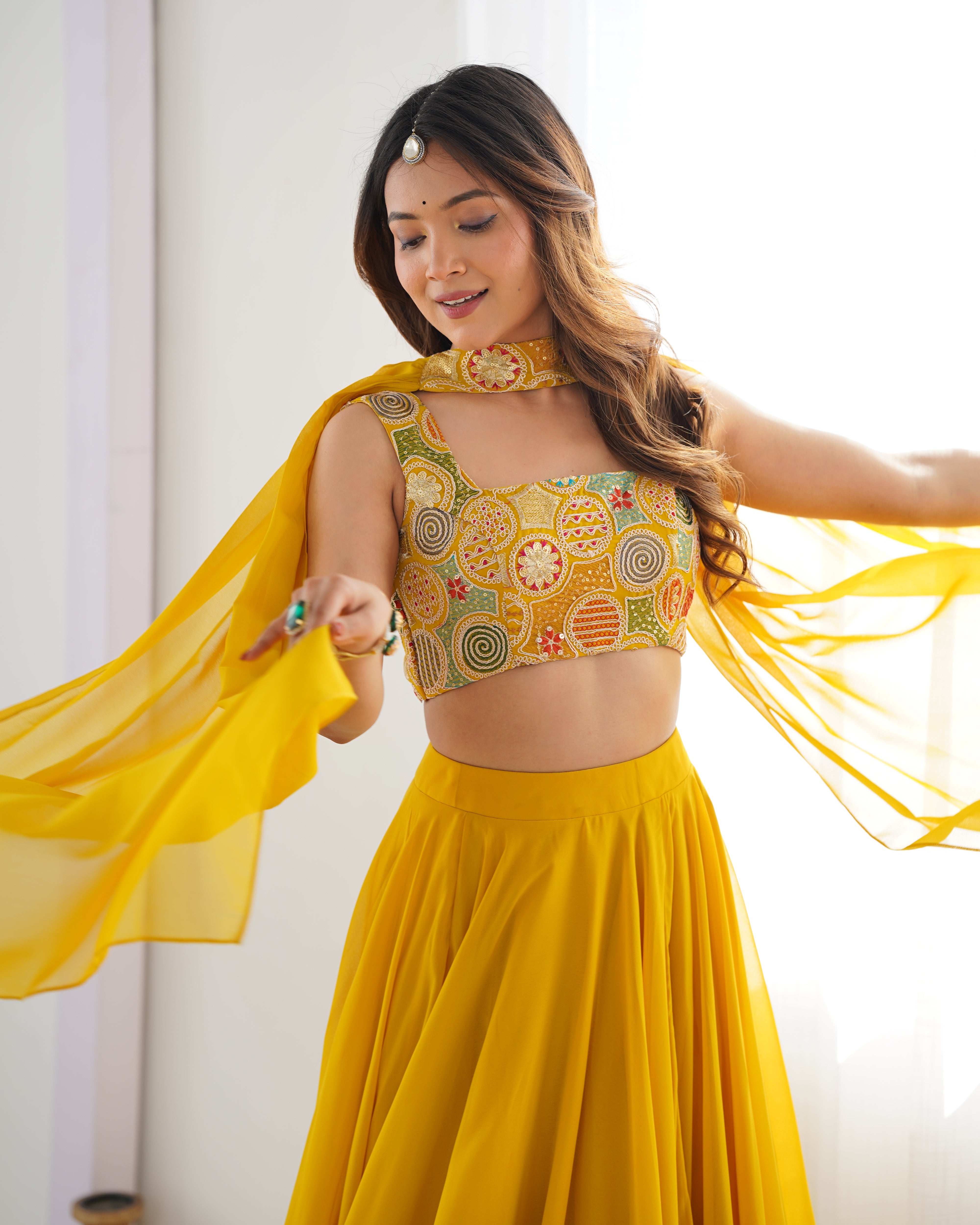 Yellow Designer Fox Georgette Lehenga Set – 8 Mtr Flair with Embroidered Blouse & Neck Belt Dupatta