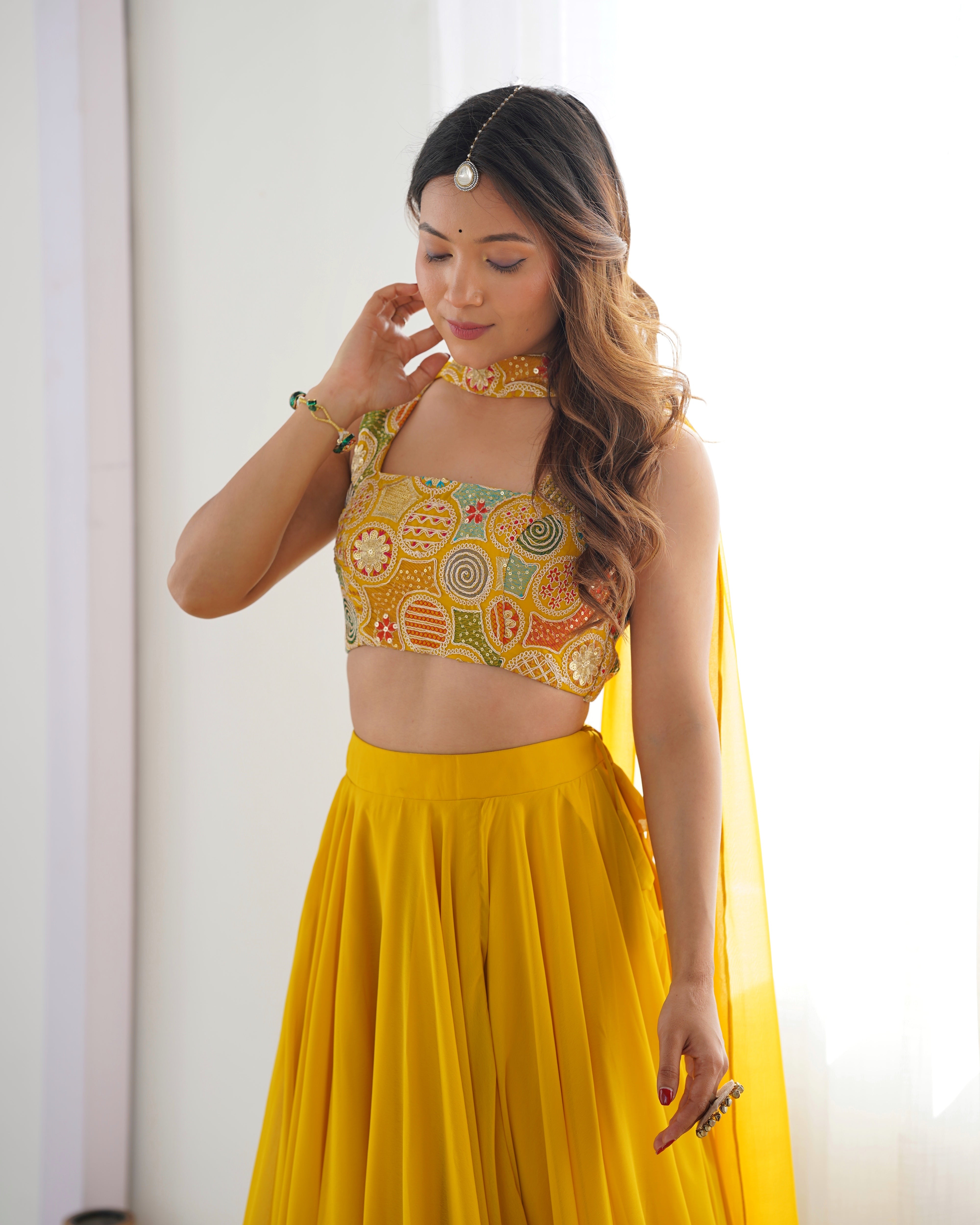 Yellow Designer Fox Georgette Lehenga Set – 8 Mtr Flair with Embroidered Blouse & Neck Belt Dupatta