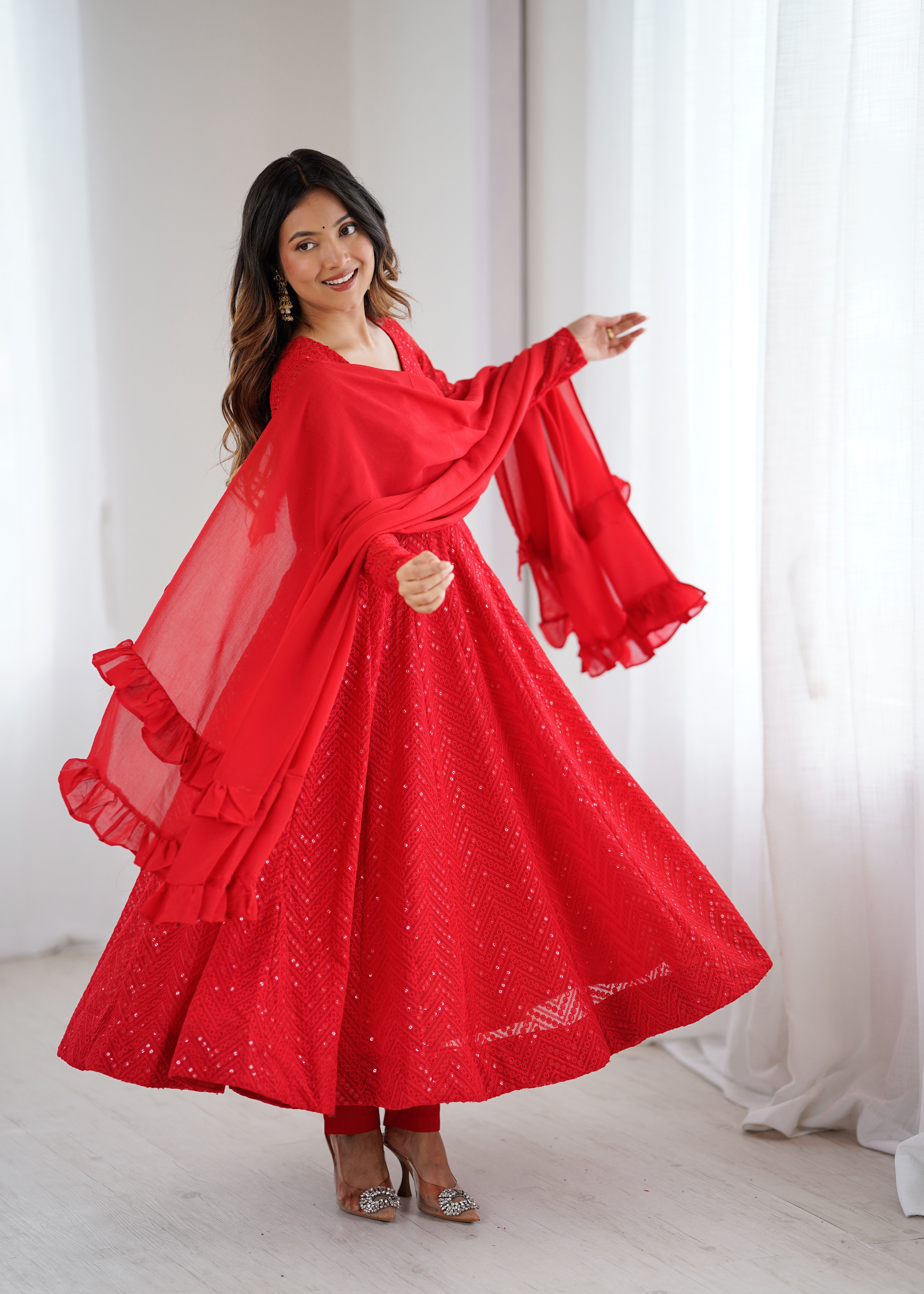 Red Color New Arrival Designer Georgette Lucknowi Sequence Work Anarkali Set