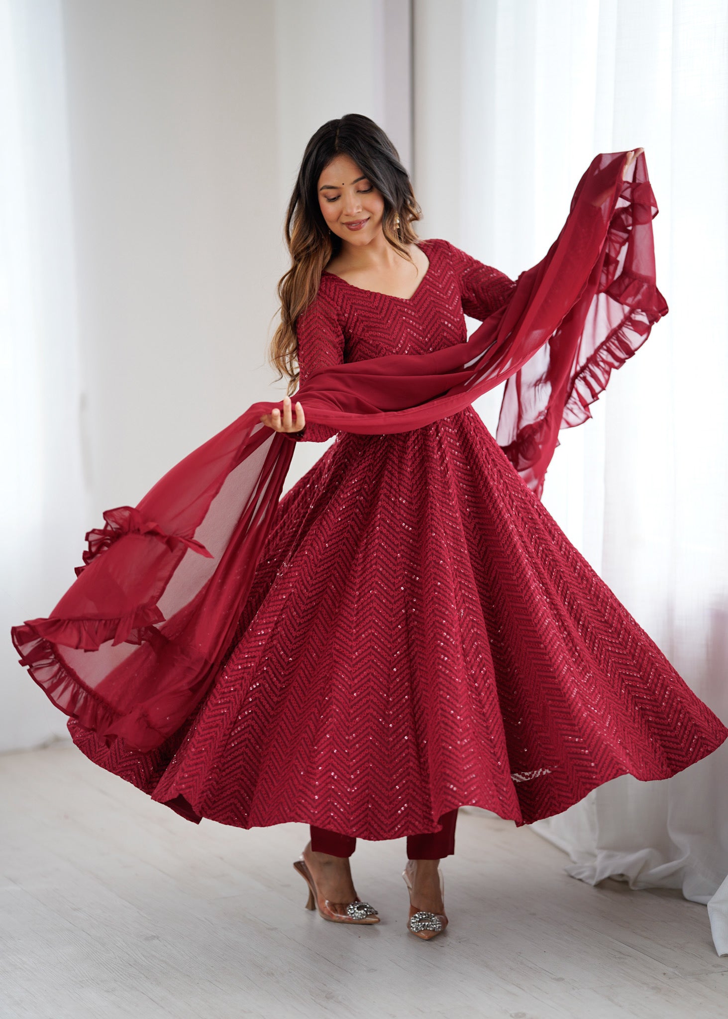 Red Premium Lucknowi Sequin Work Anarkali Set