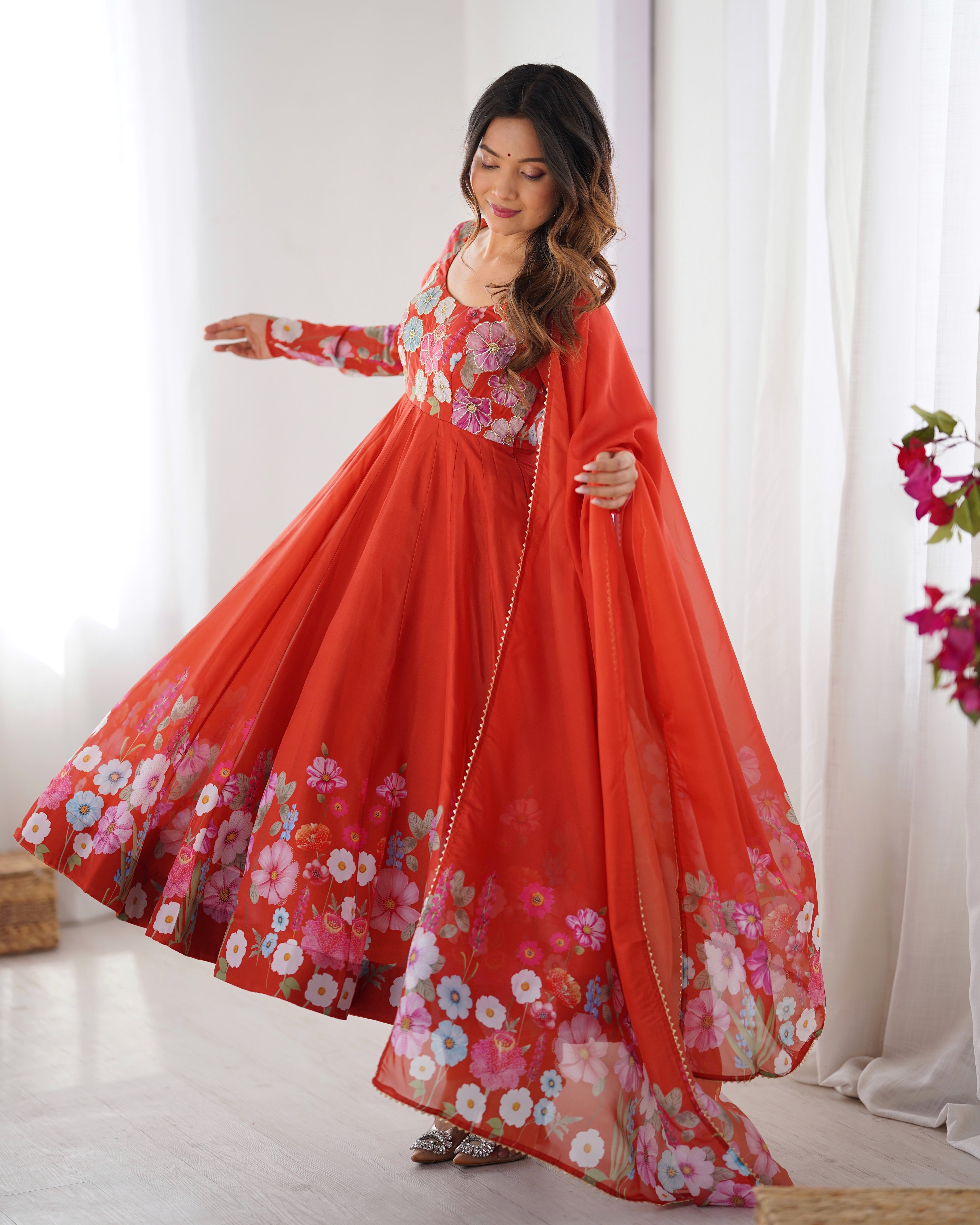 Orange Organza Silk Anarkali Set – 4 Mtr Flair with Gota Patti Dupatta & Cotton Pant