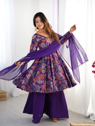 Purple Designer Roman Silk Chanderi Kediya Kurta Set – 4 Mtr Flair with Organza Dupatta & Palazzo