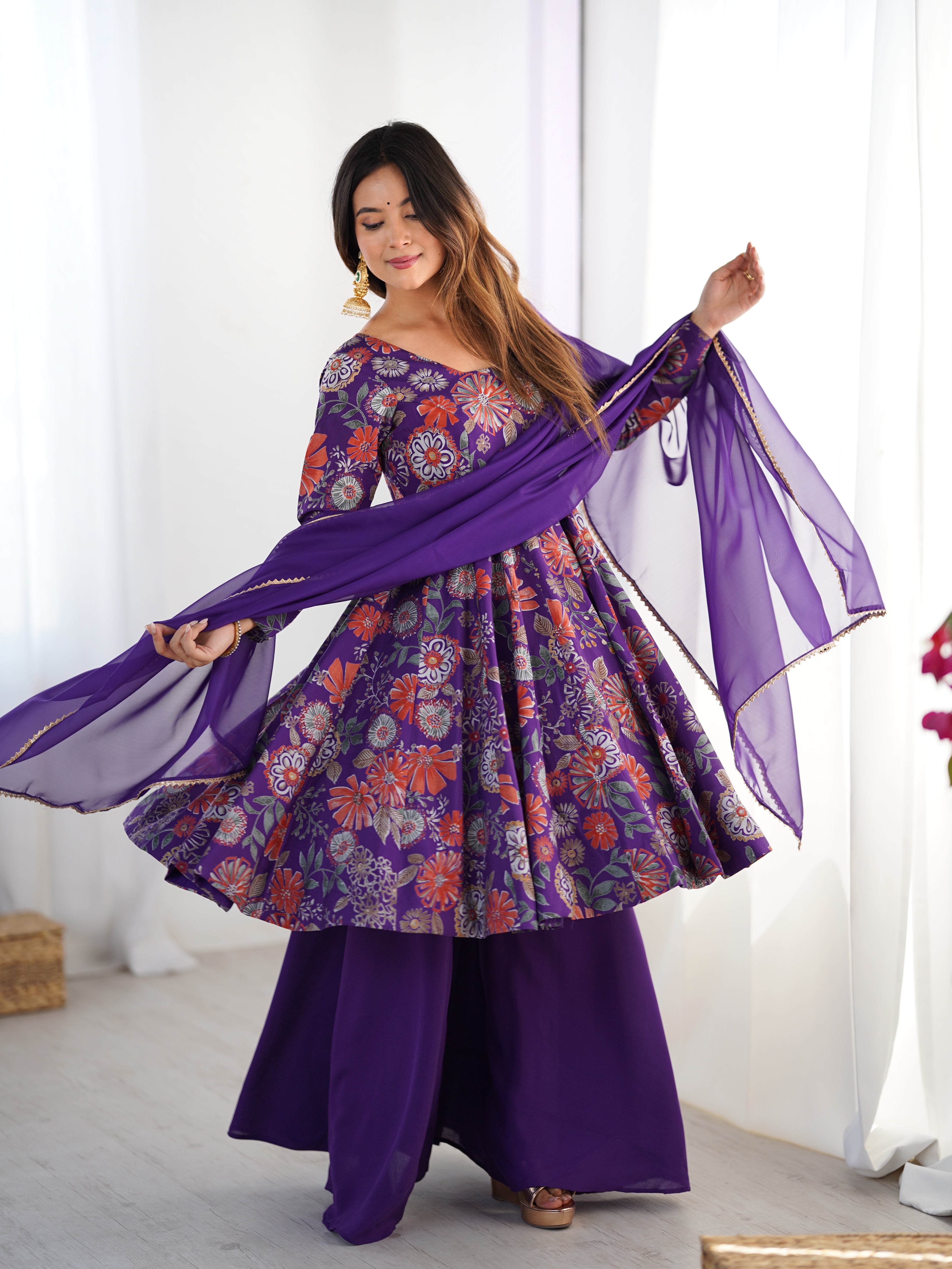 Purple Designer Roman Silk Chanderi Kediya Kurta Set – 4 Mtr Flair with Organza Dupatta & Palazzo