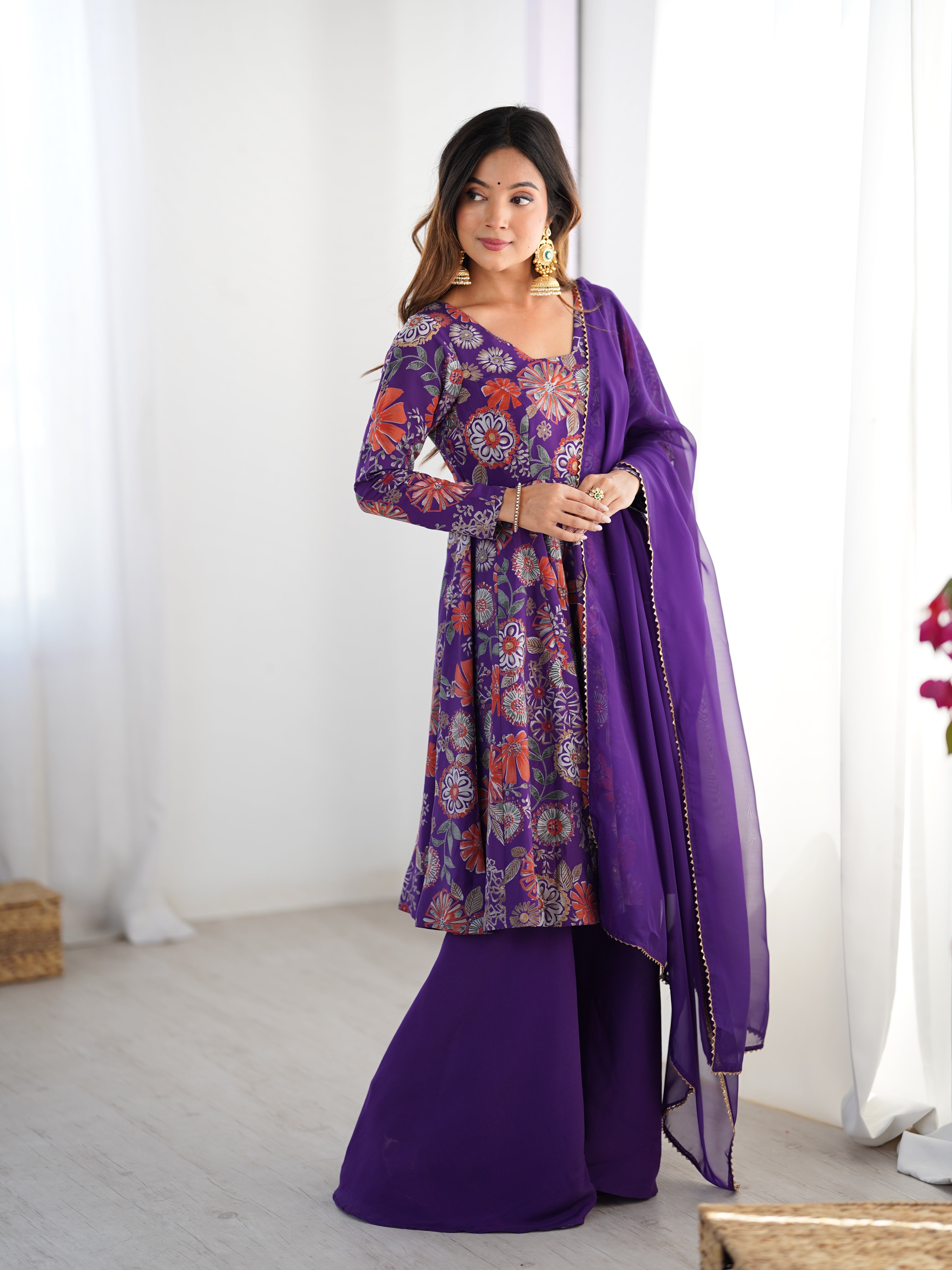 Purple Designer Roman Silk Chanderi Kediya Kurta Set – 4 Mtr Flair with Organza Dupatta & Palazzo