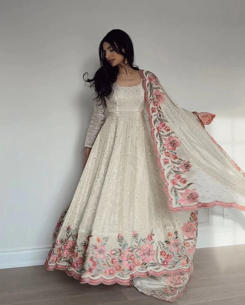 White New Heavy Pure Vichitra Silk Designer Anarkali Suit