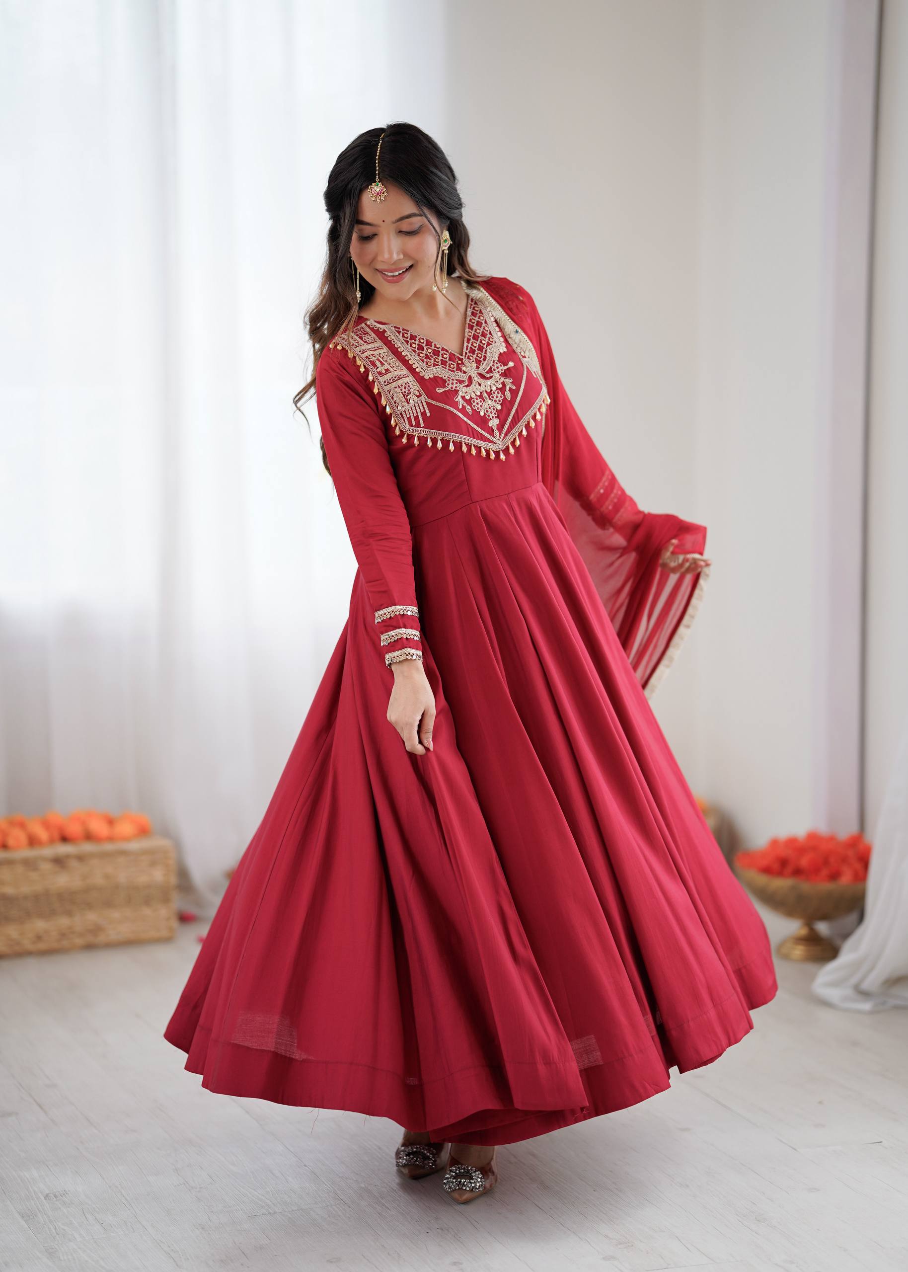 Maroon Premium Designer  Roman Silk Anarkali Suit