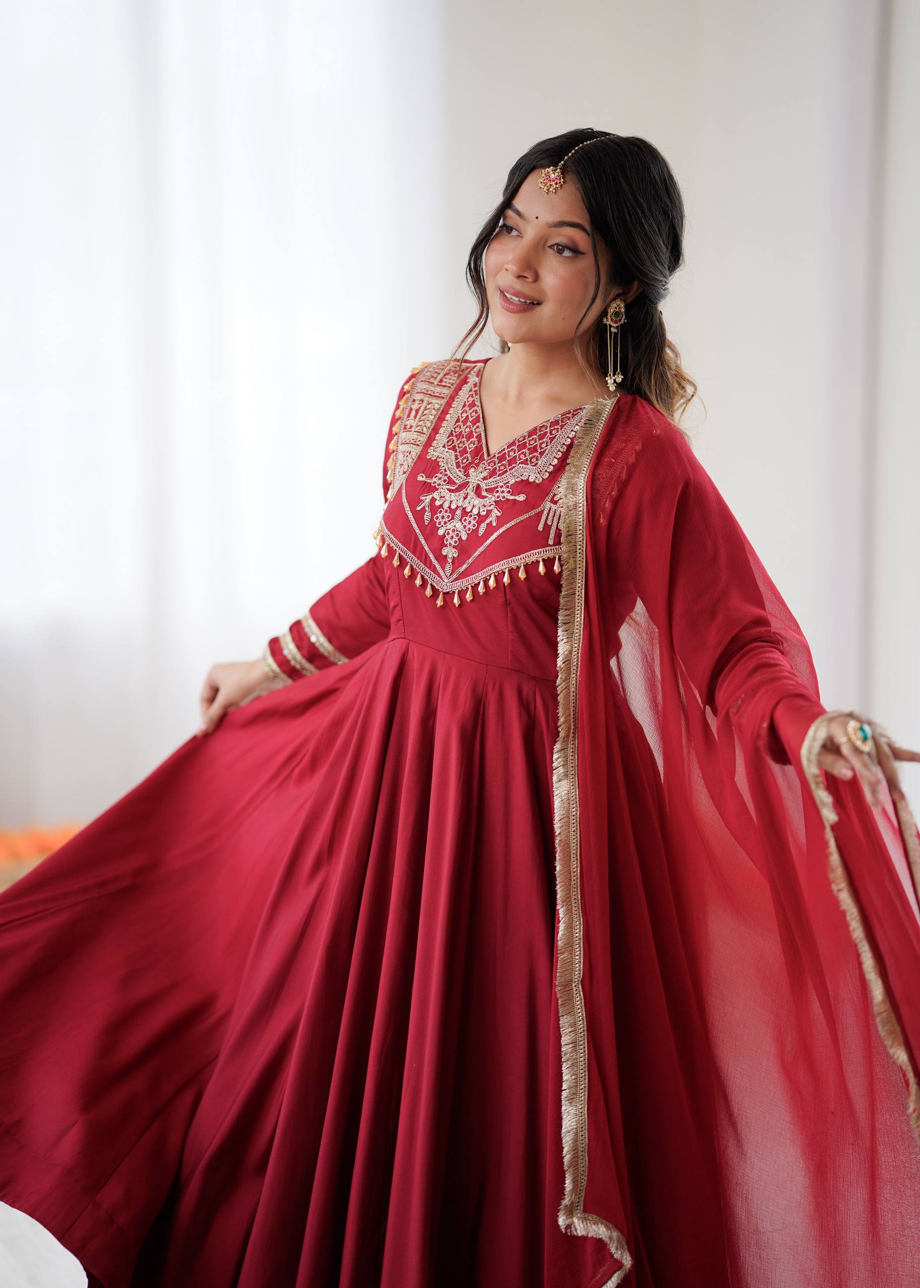 Maroon Premium Designer  Roman Silk Anarkali Suit