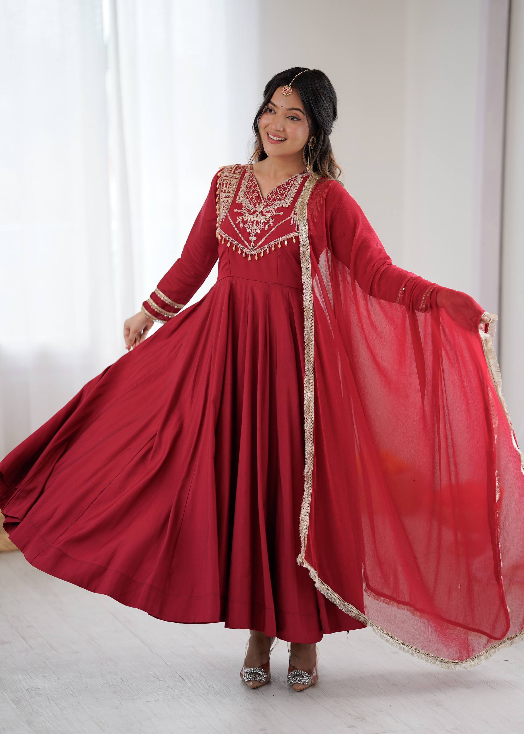 Maroon Premium Designer  Roman Silk Anarkali Suit
