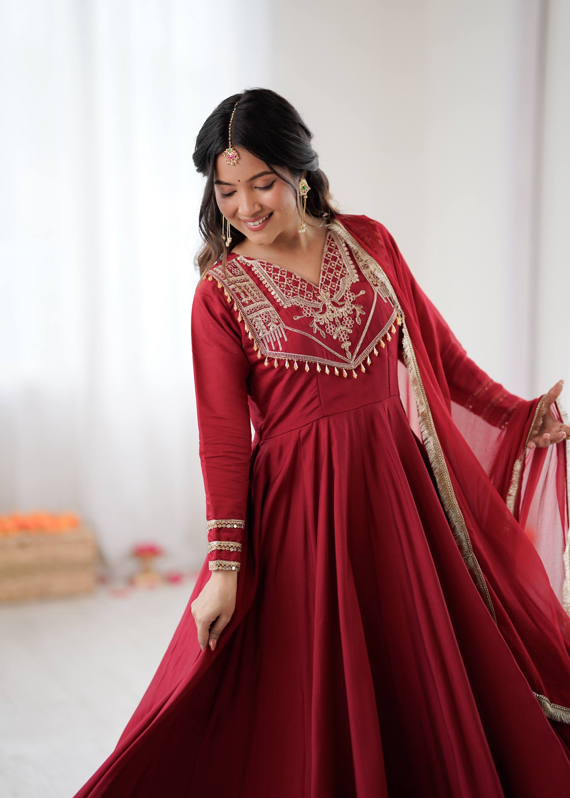 Maroon Premium Designer  Roman Silk Anarkali Suit