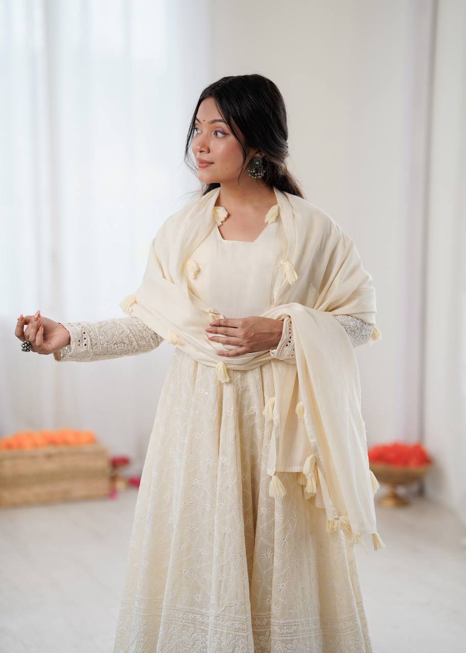 White Designer Anarkali Suit Set