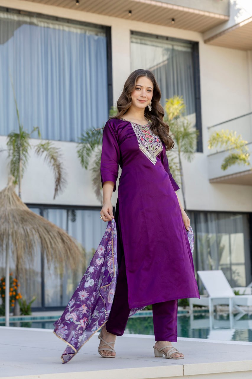 Purple Chanderi Cotton Kurta &amp; Pant Set