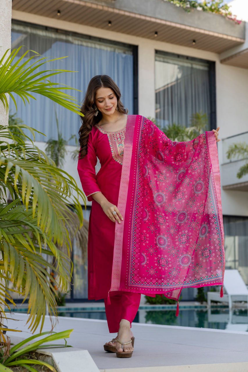 Pink Kurti Pant With Dupatta Set